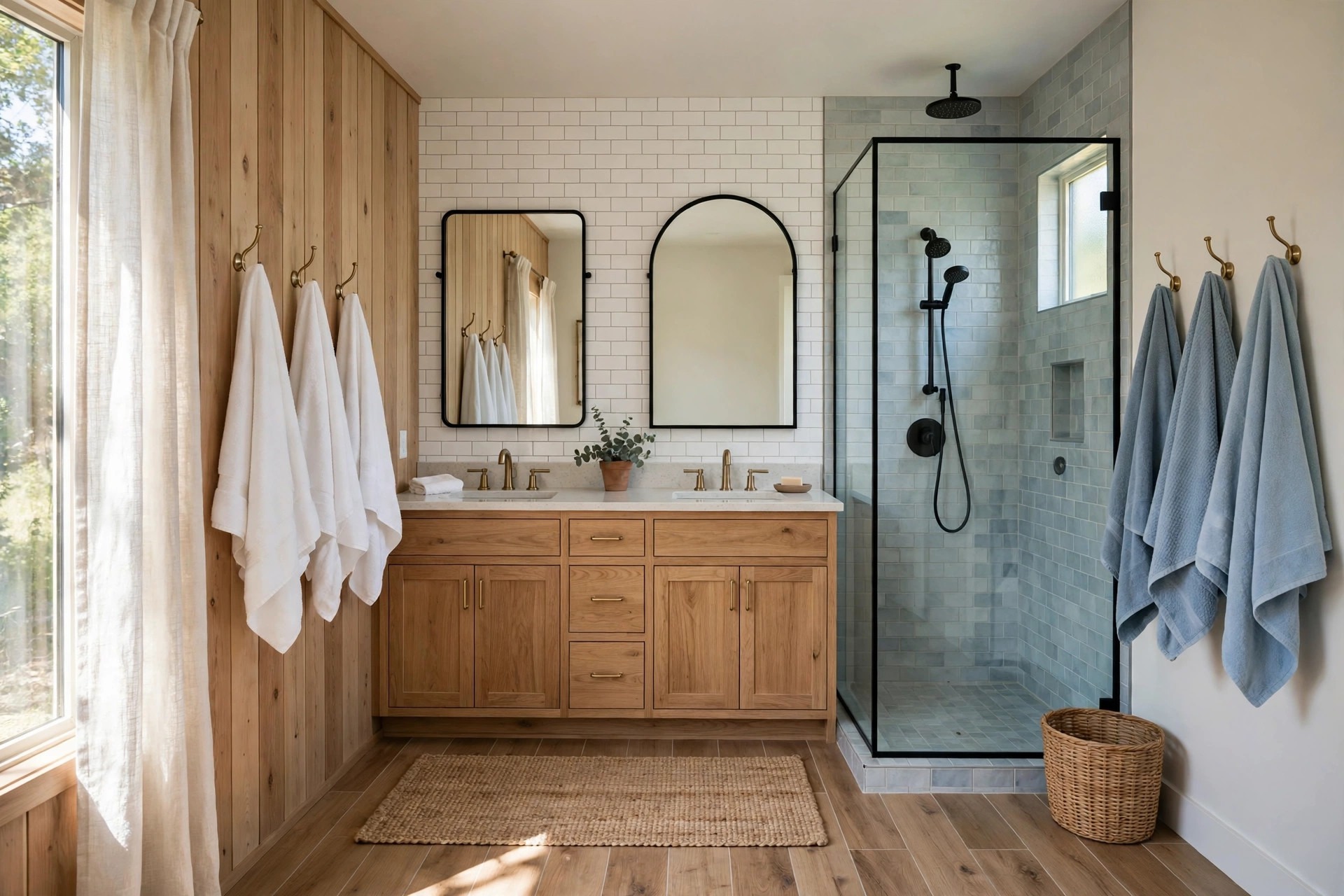 White towels on hooks on a wood wall on the left and soft blue towels on hooks on the right beside a glass shower and a double vanity