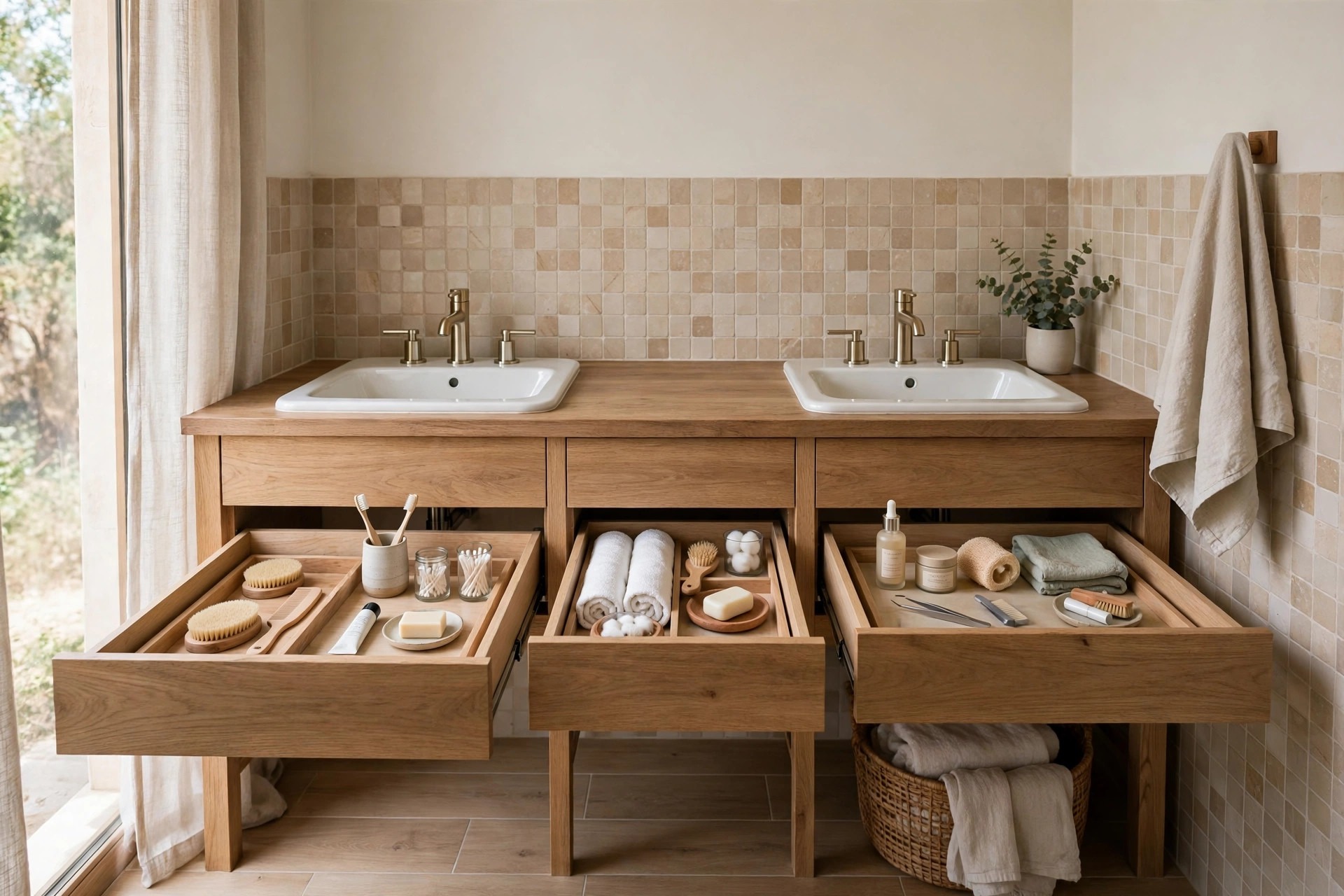 Three open vanity drawers with trays of brushes, towels and toiletries under a wood double vanity with two sinks