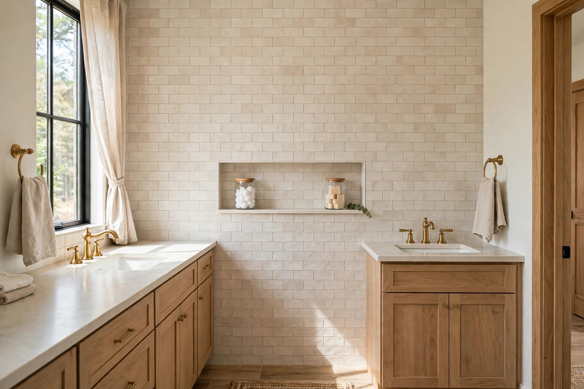 Recessed wall niche with cotton and soap jars between two separate vanities in a beige tiled Jack and Jill bathroom