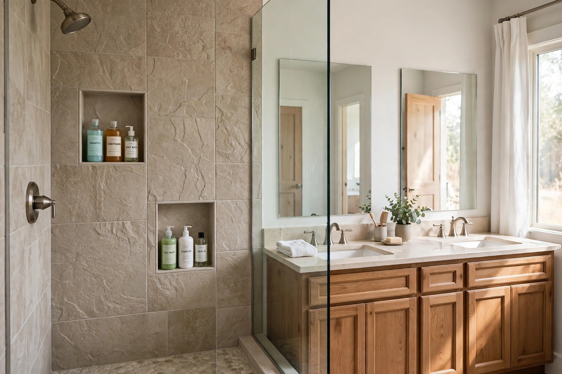 Two shower niches at different heights with three bottles in each beside a glass screen and a wood double vanity