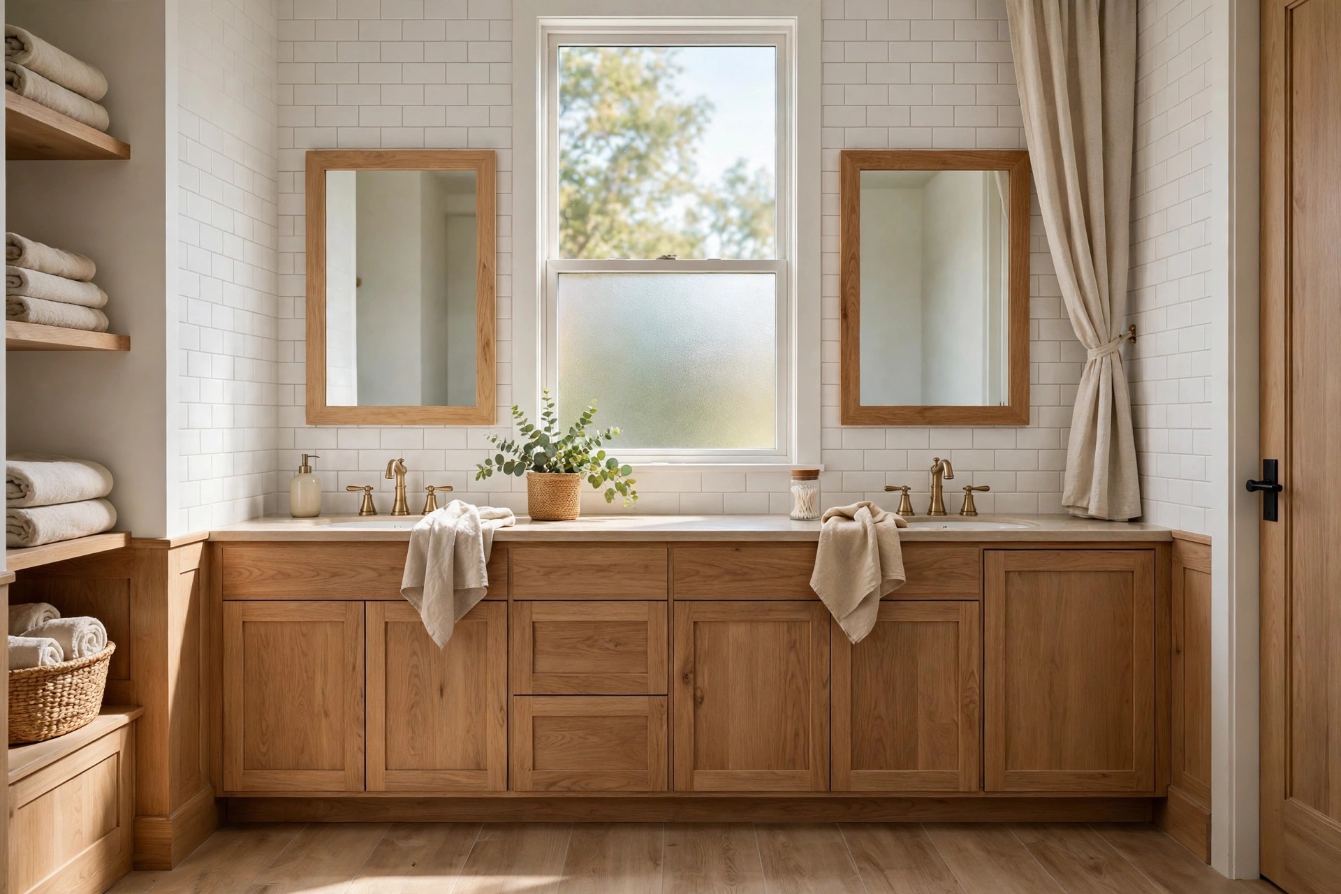Tall bathroom window with frosted lower glass and clear upper glass between two mirrors over a long wood double vanity