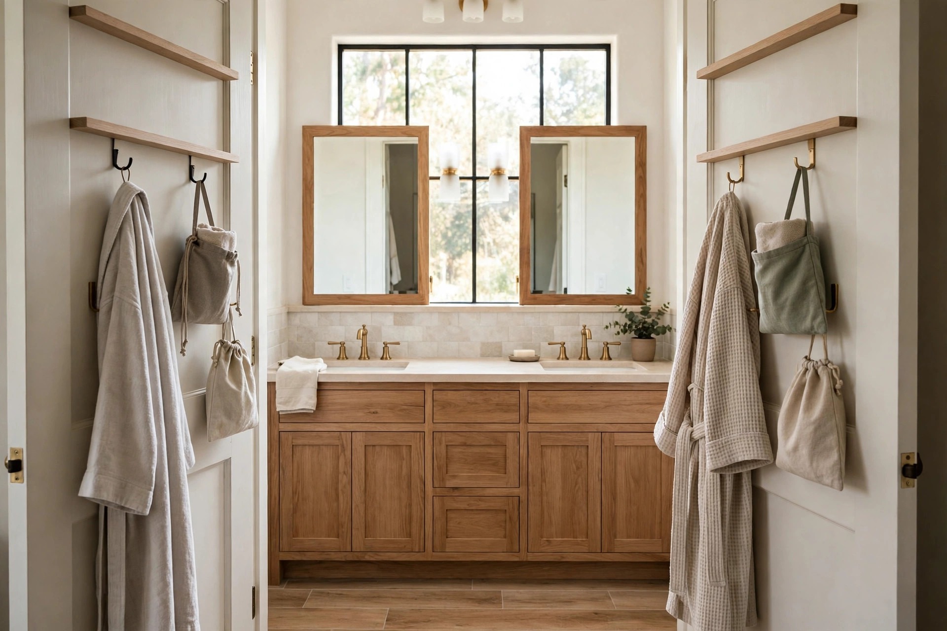 Backs of two doors with slim shelves, hooks, robes and hanging pouches facing a wood double vanity