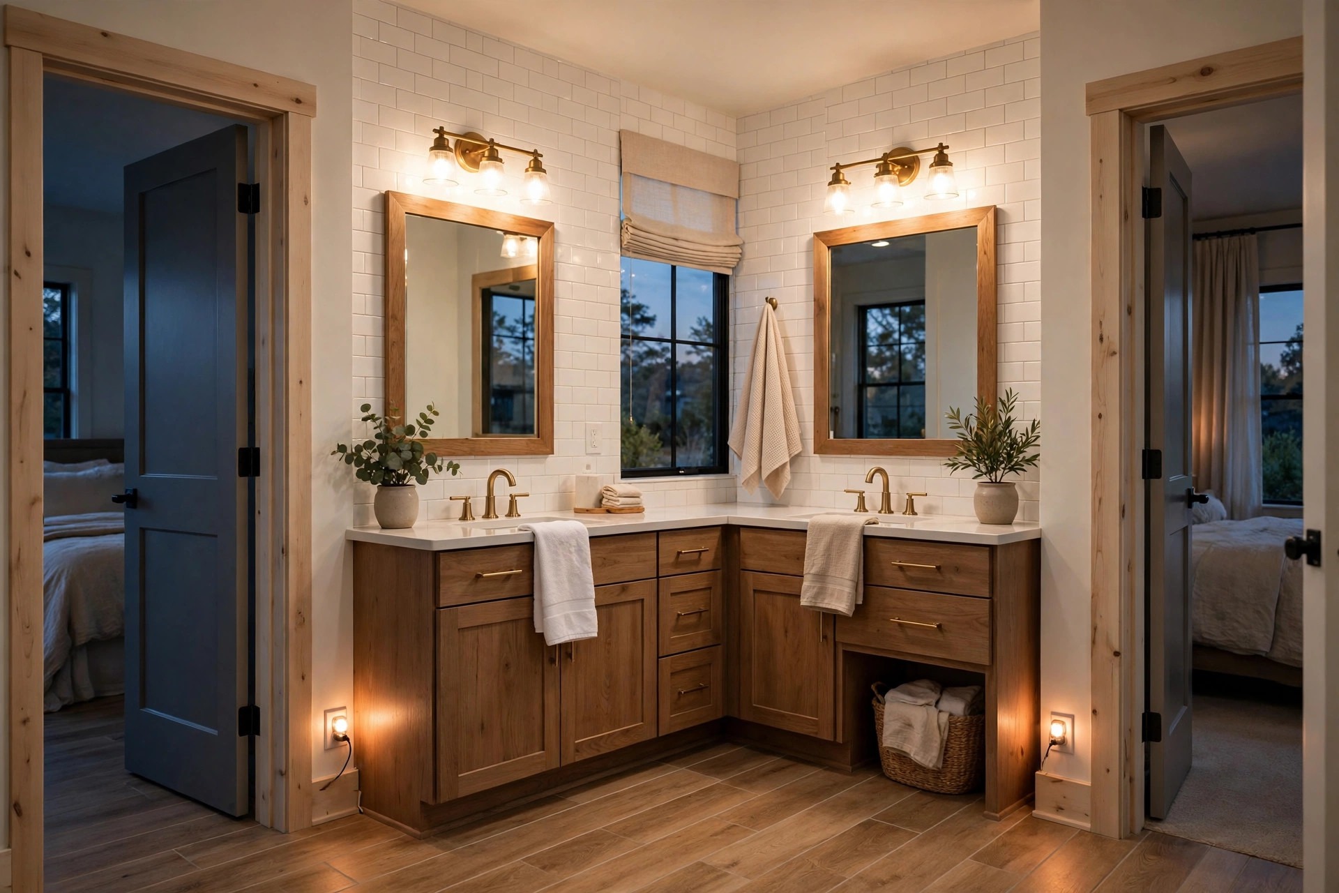Jack and Jill bathroom at dusk with warm vanity lights and small plug in night lights glowing by both bedroom doors