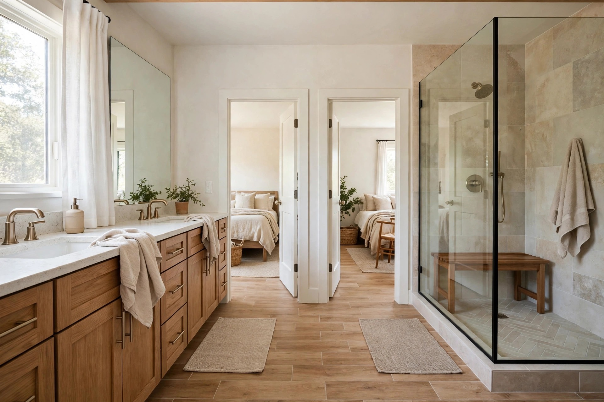 Clear walkway with two small flat mats between two open doors to two bedrooms, with a double vanity on the left and a glass shower on the right