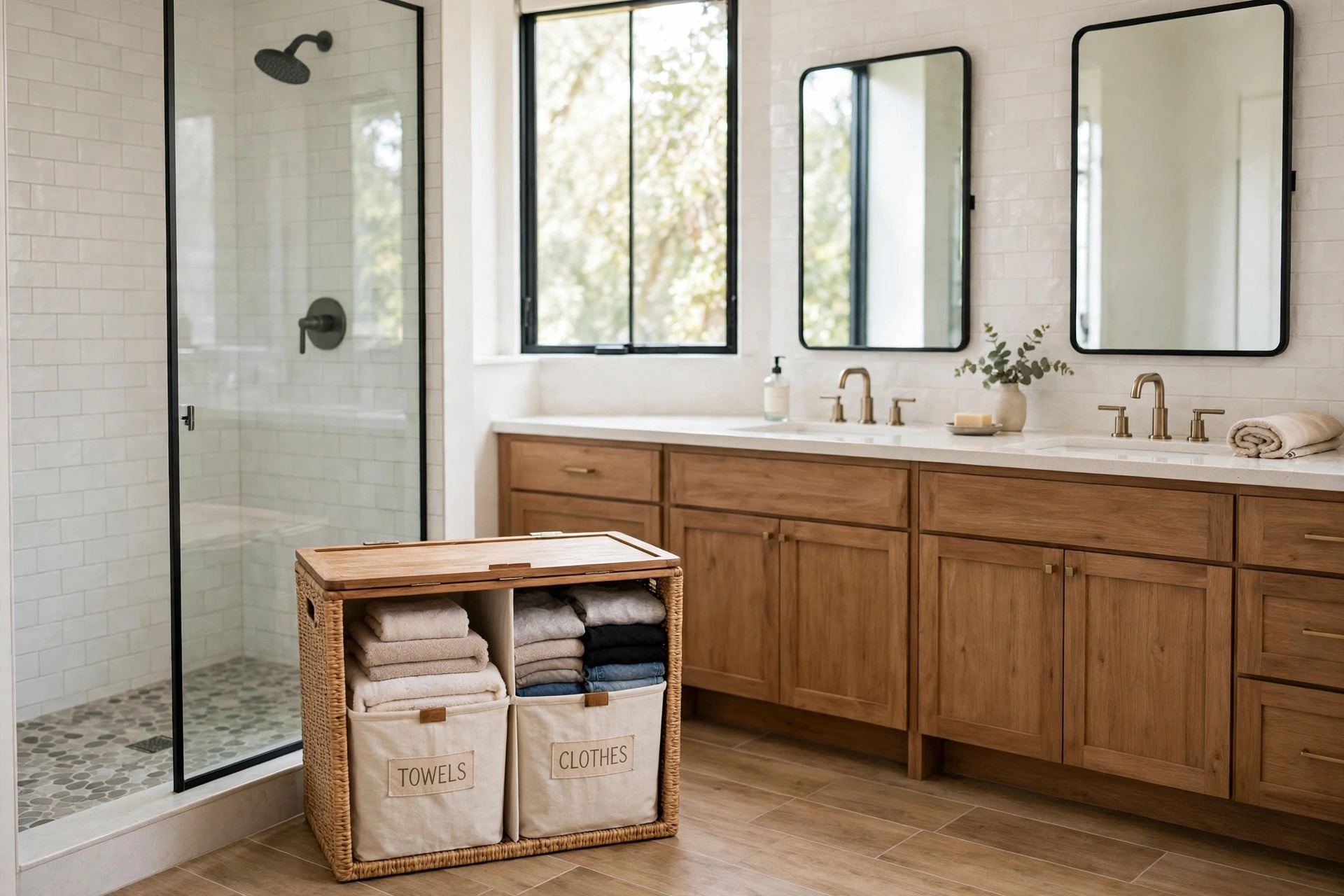 Divided hamper with towels and clothes sections in front of a wood double vanity beside a glass shower