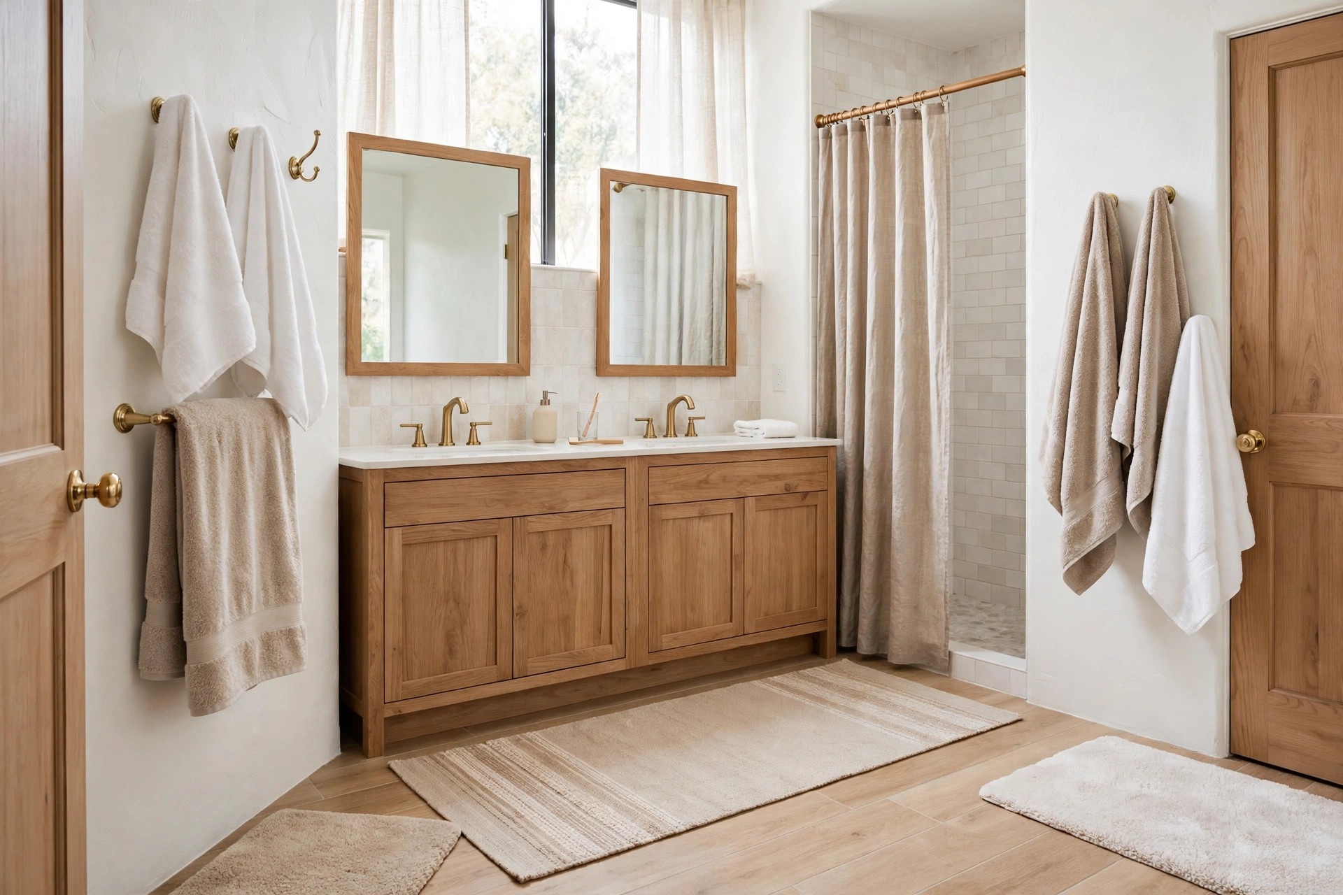 Thick white and sand towels on hooks by both doors, a fabric shower curtain and soft runners in a Jack and Jill bathroom with a double vanity