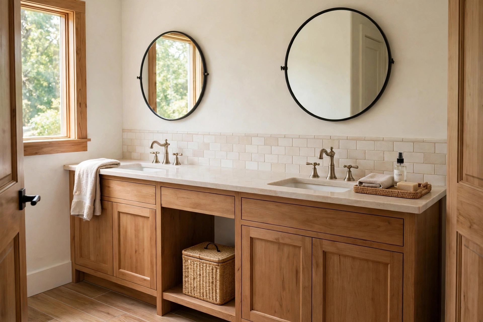 Woven reset tray with a folded cloth, spray bottle and soap beside one sink of a wood double vanity with two round mirrors