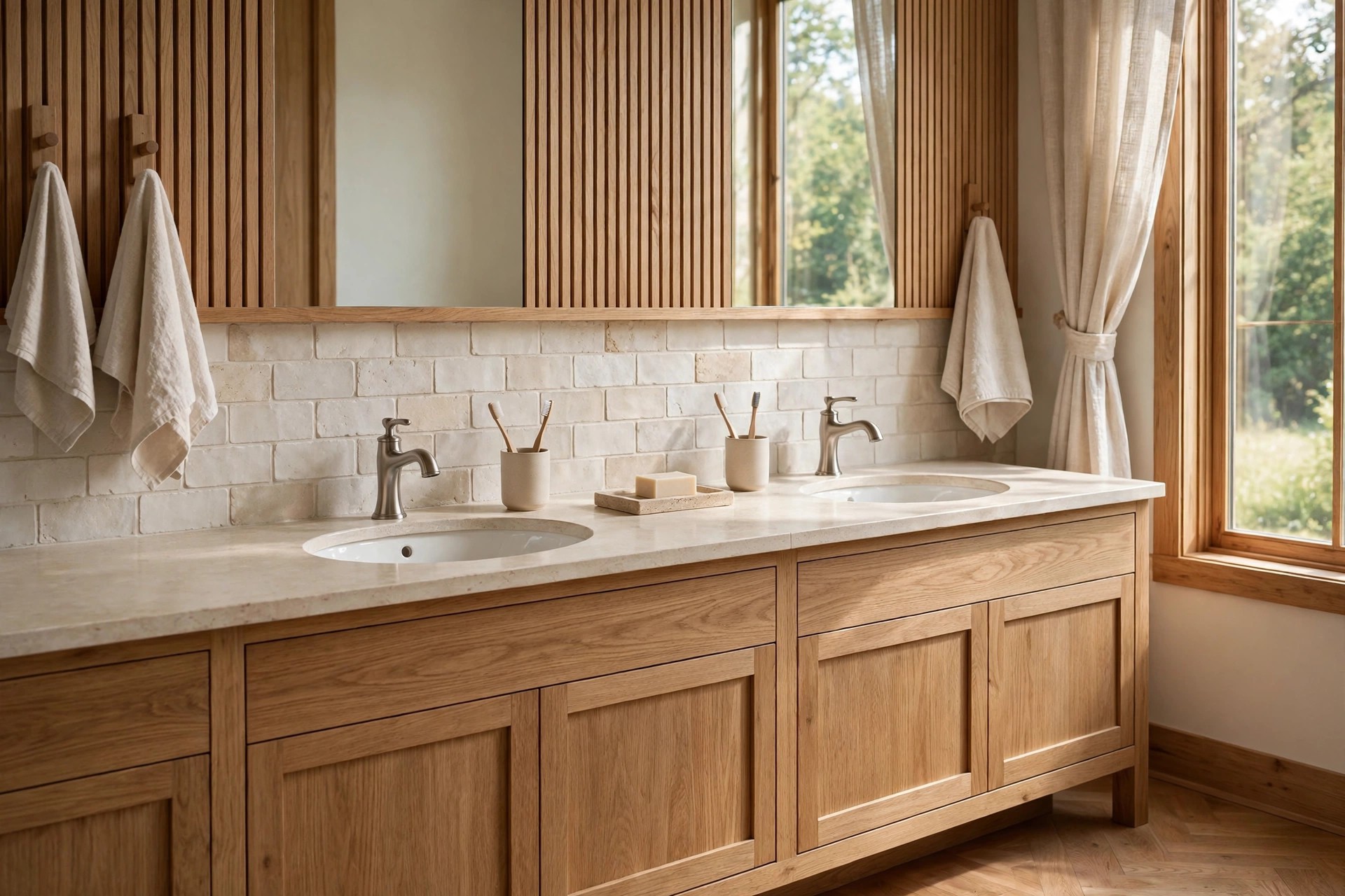 Long wood vanity with two round sinks, two toothbrush cups and a soap tray in the middle below a wide mirror