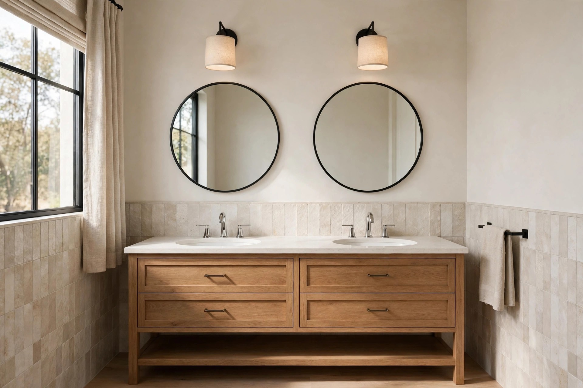 Two round black framed mirrors with a gap between them over a wood double vanity, with a matching wall light above each mirror