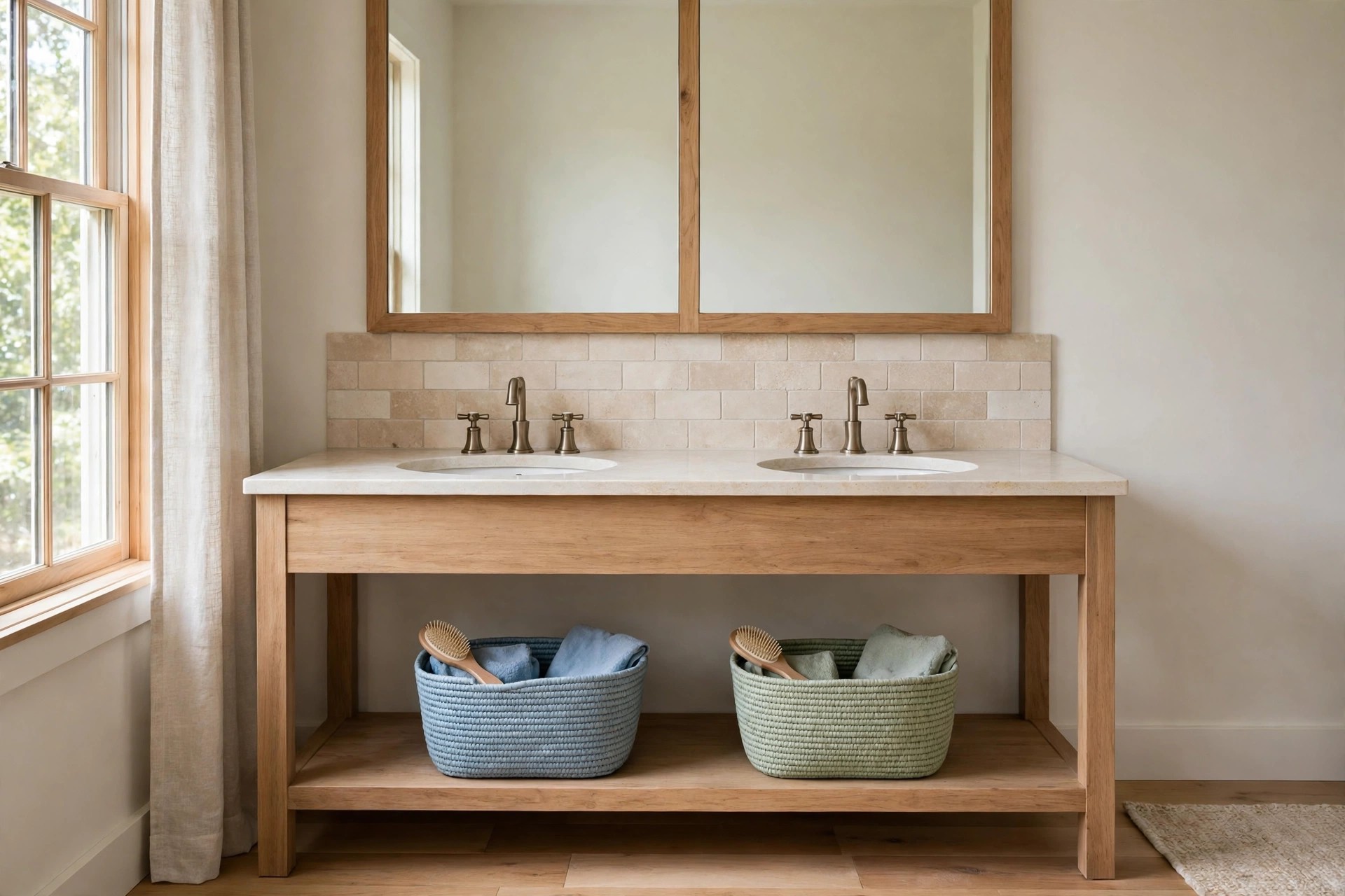 Double sink vanity with a blue woven basket and a sage woven basket on the low shelf below, each holding a brush and folded cloth