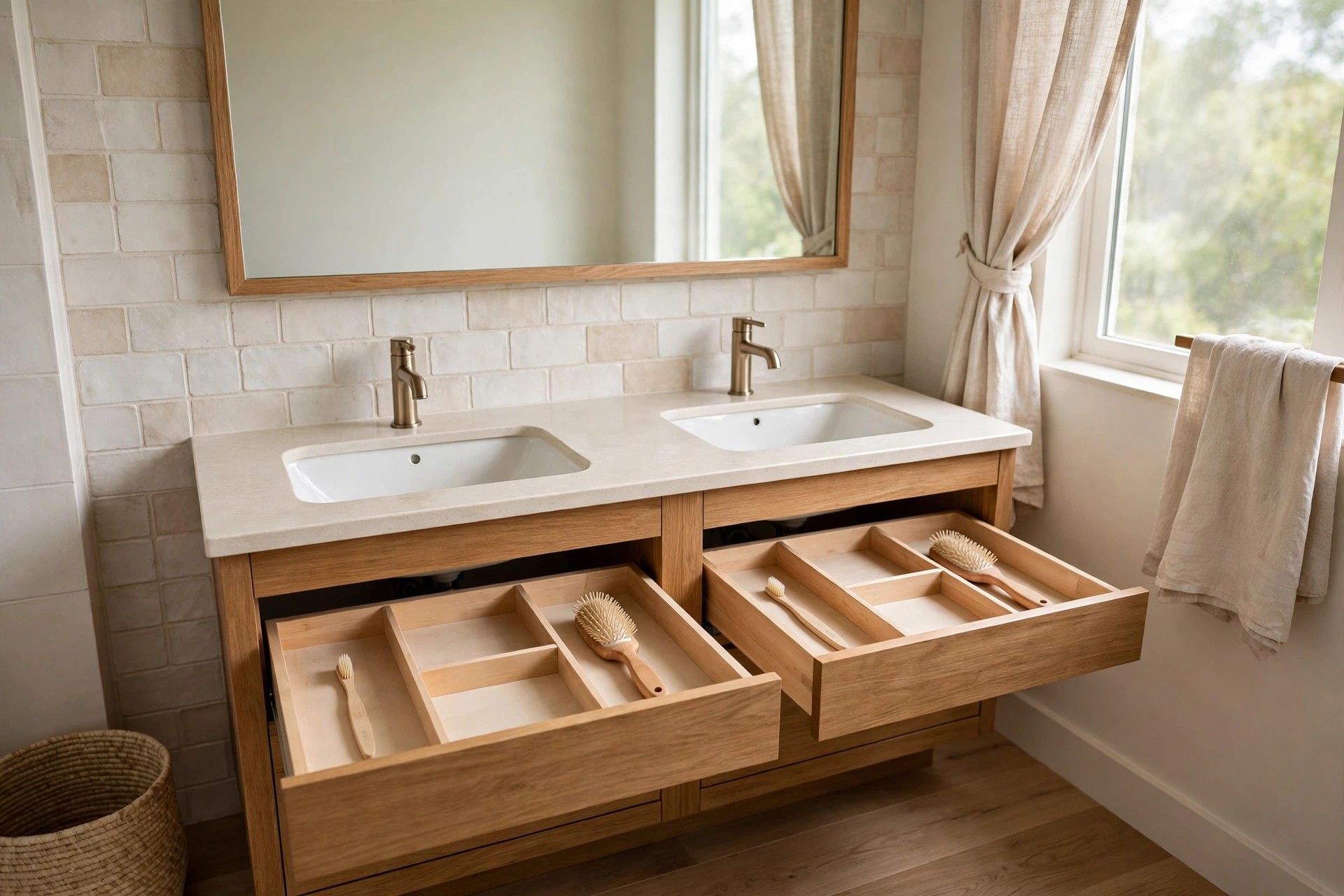 Double vanity with left and right drawers open showing wood divider trays, a toothbrush and a hair brush in each drawer
