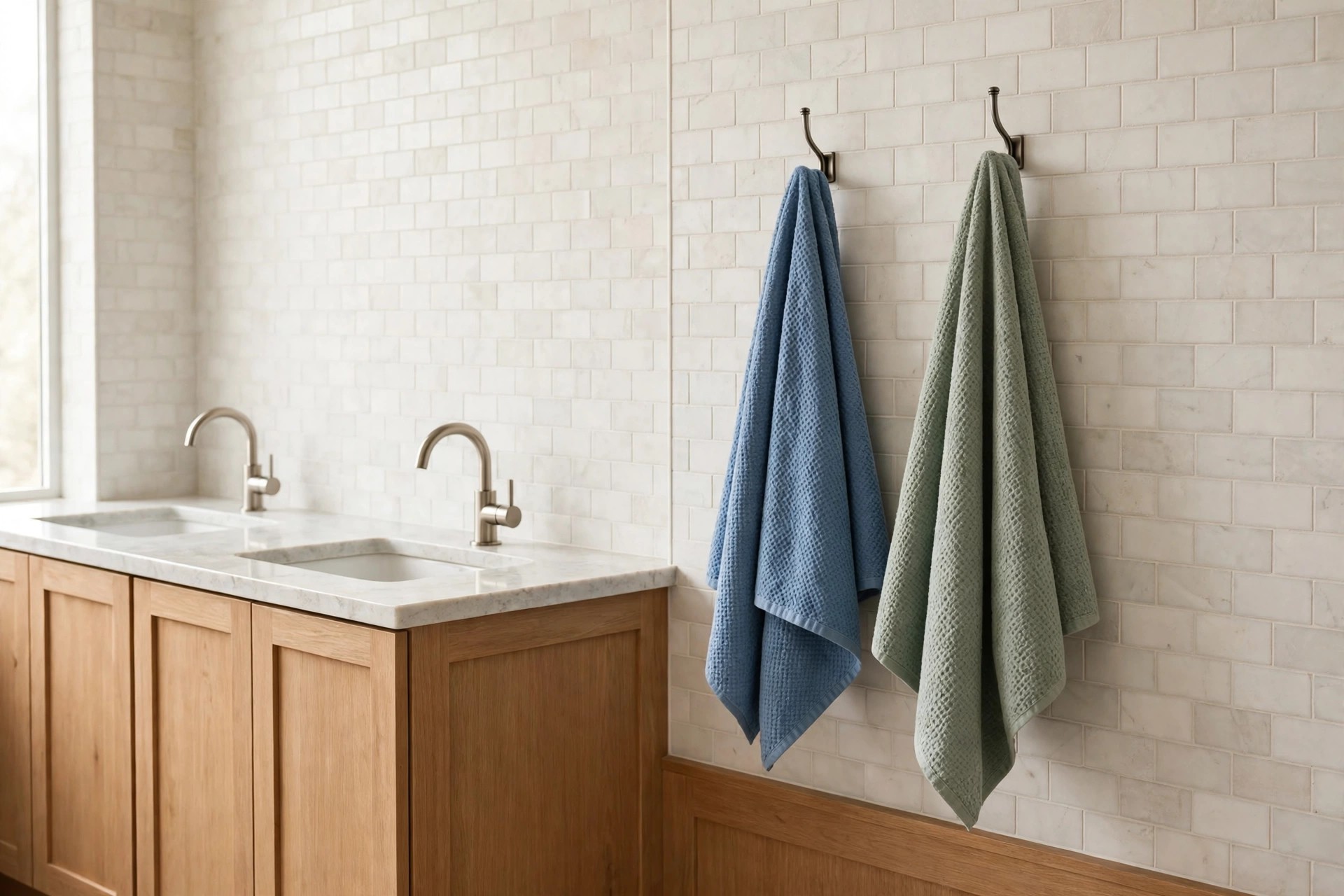 White tile wall beside a double sink with two hooks at the same height holding a blue towel and a sage towel