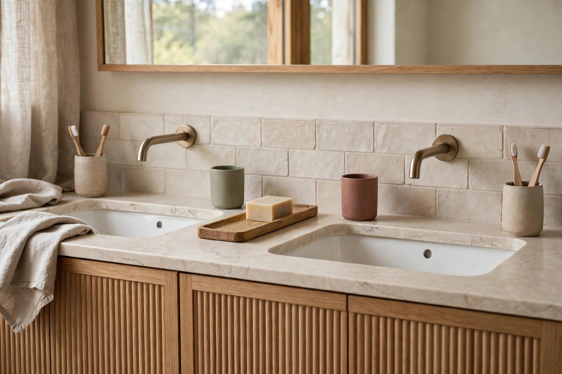 Double bathroom counter with toothbrush holders on the outer edges, two colored rinse cups and a wood tray with soap between the two sinks