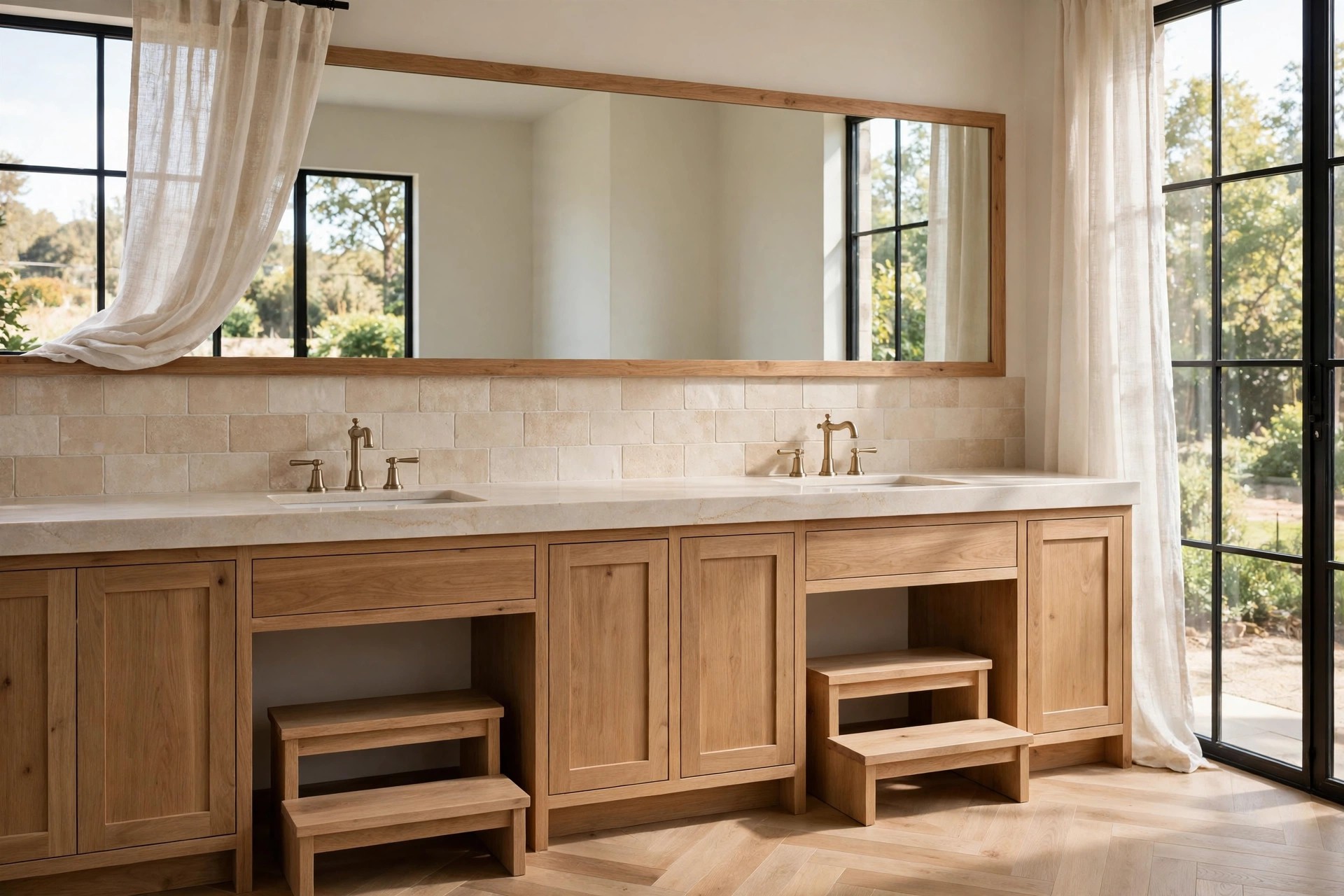 Long double vanity with two matching wood step stools tucked under the counter in front of each sink below a wide mirror