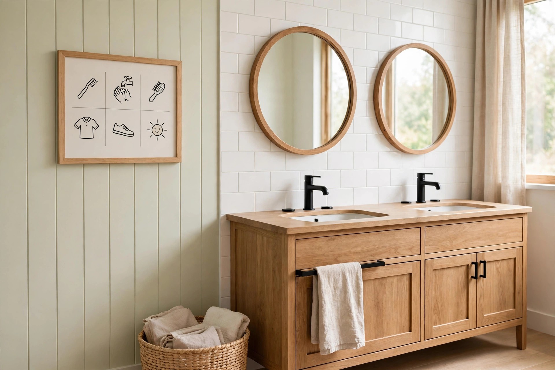 Framed morning routine picture chart with brush, wash, hair and dress icons on a sage wall beside a double sink vanity with two round mirrors