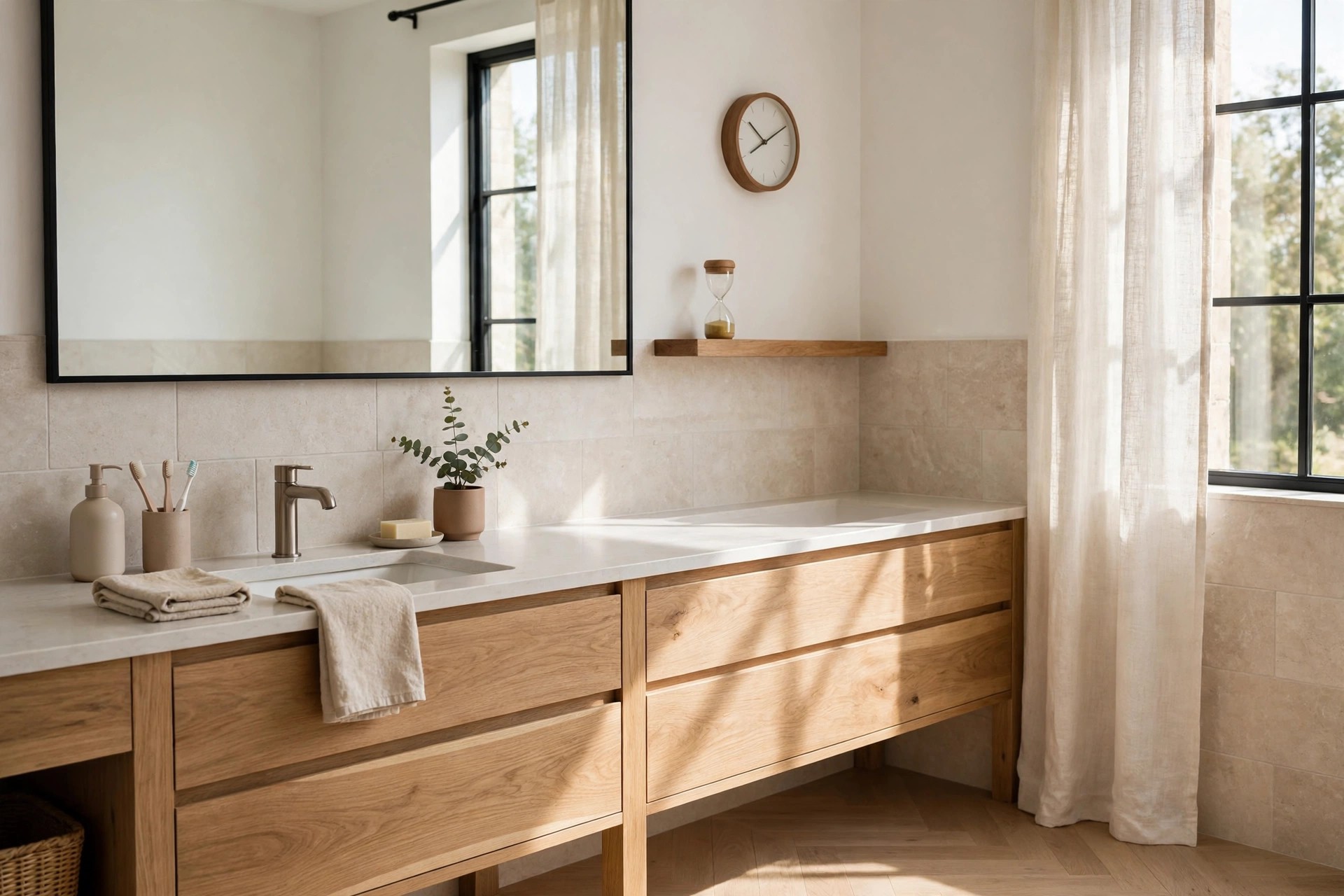 Bathroom vanity in morning light with a round wall clock and a small sand timer on a wood shelf above the counter