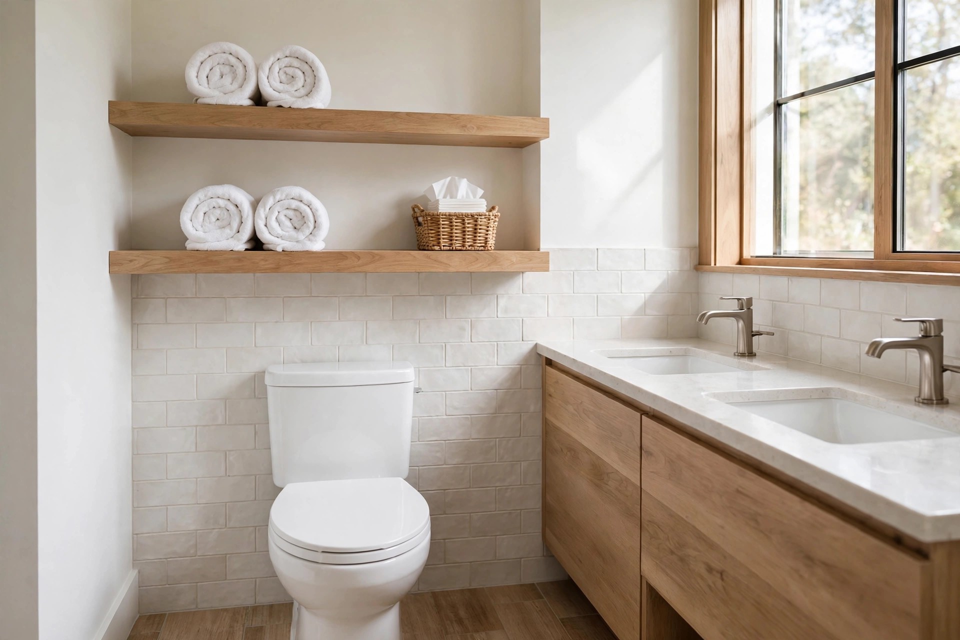 Two wood shelves over a white toilet holding rolled white towels in pairs and a woven basket of tissues, with a double sink to the side