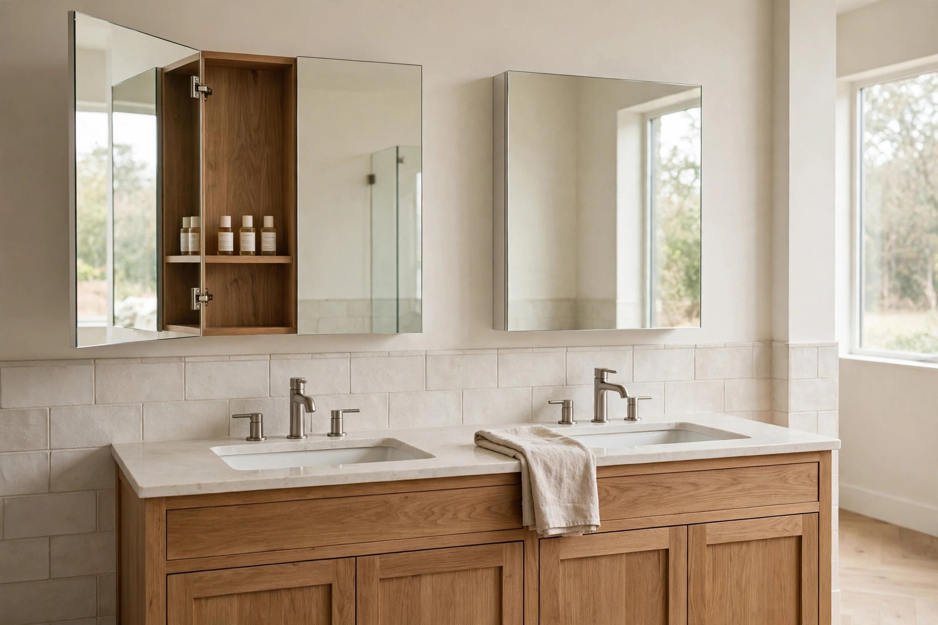 Two mirrored cabinets over a double sink vanity, one door open showing small bottles on a wood shelf inside