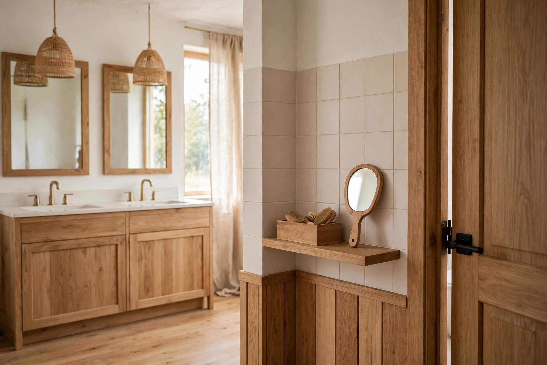 Small wood shelf by a bathroom door holding a brush box and a hand mirror, with a double sink vanity in the background