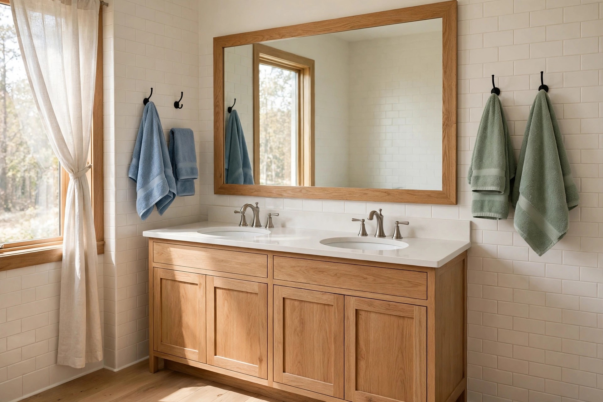 Double sink bathroom with blue towels on hooks on one side and sage green towels on hooks on the other side of a wide mirror