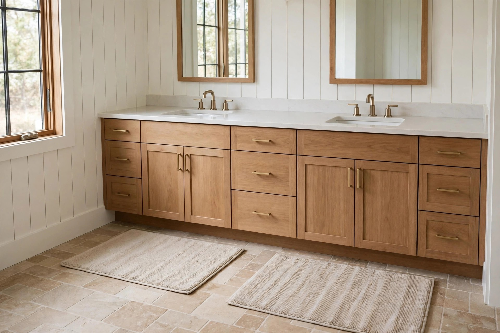 Two matching beige bath mats in a row on a tile floor, one in front of each sink of a long wood double vanity