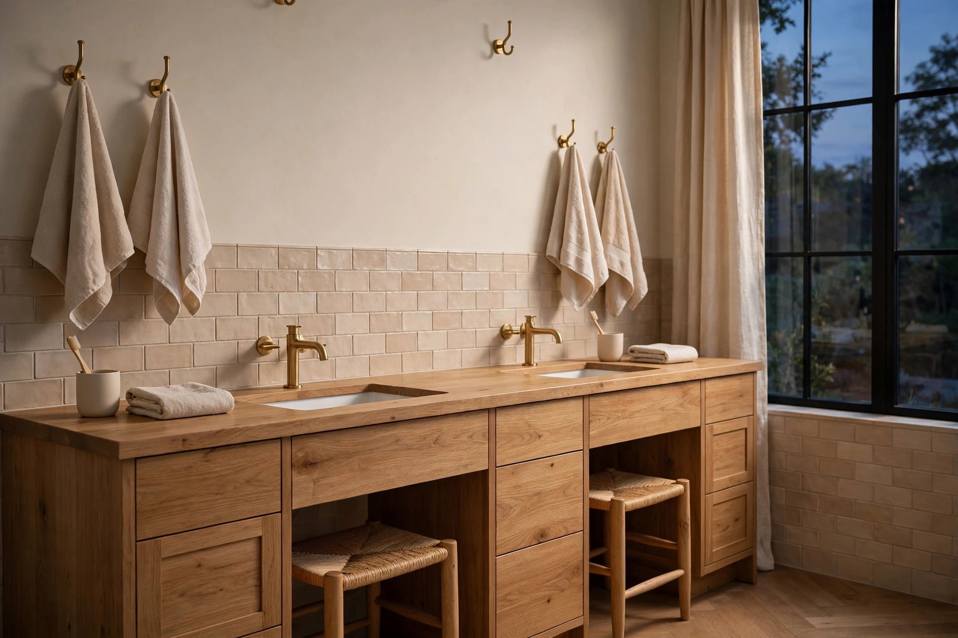 Double vanity at dusk with a cup and folded face cloth laid out on each side, towels on paired hooks and stools tucked under the counter