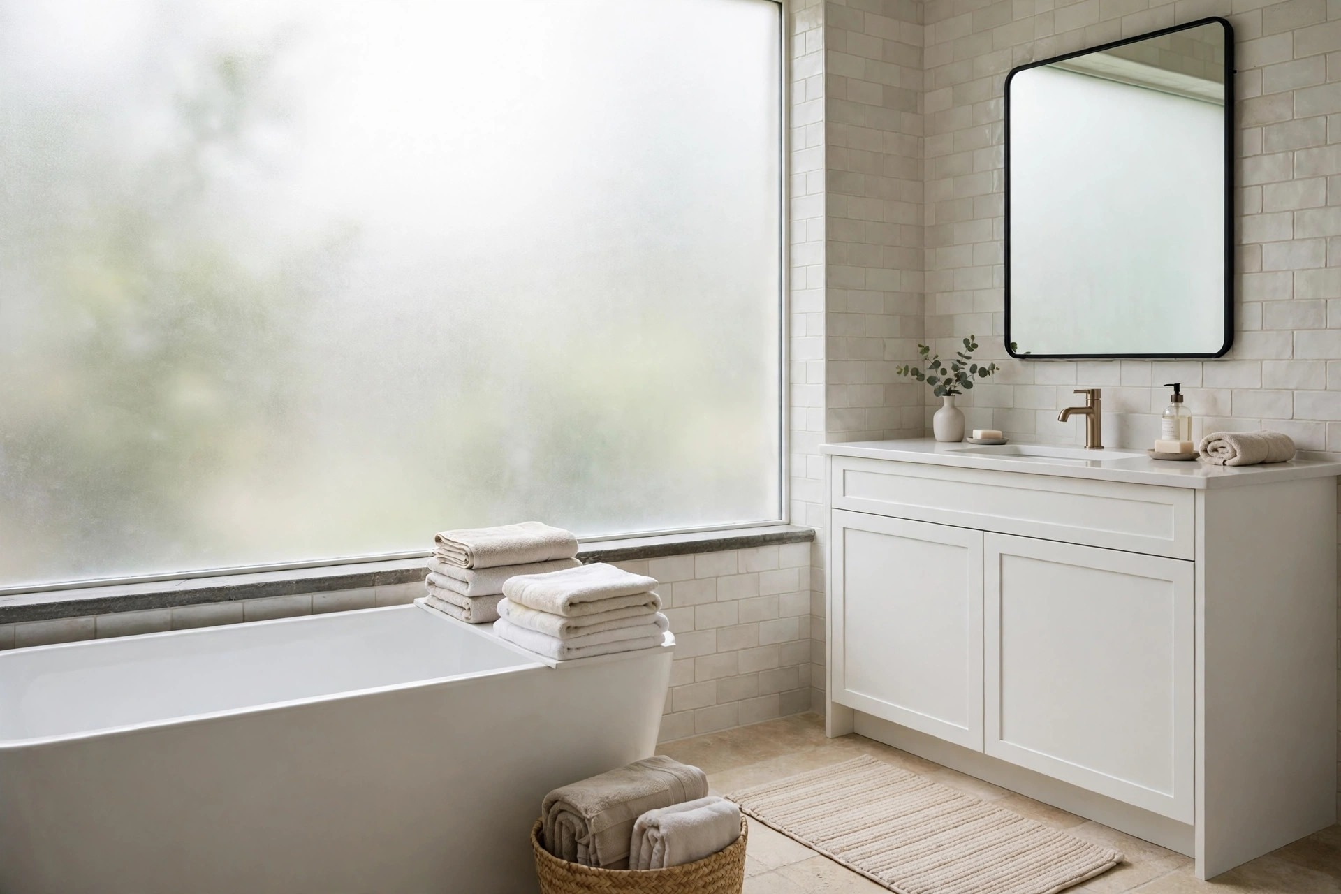 Bathroom with a large window fully covered in frosted film beside a white bathtub and a white vanity