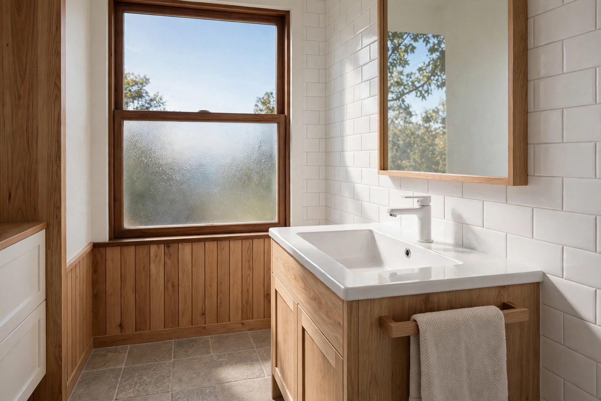 Wood framed bathroom window with frosted lower pane and clear upper pane showing blue sky beside a wood vanity
