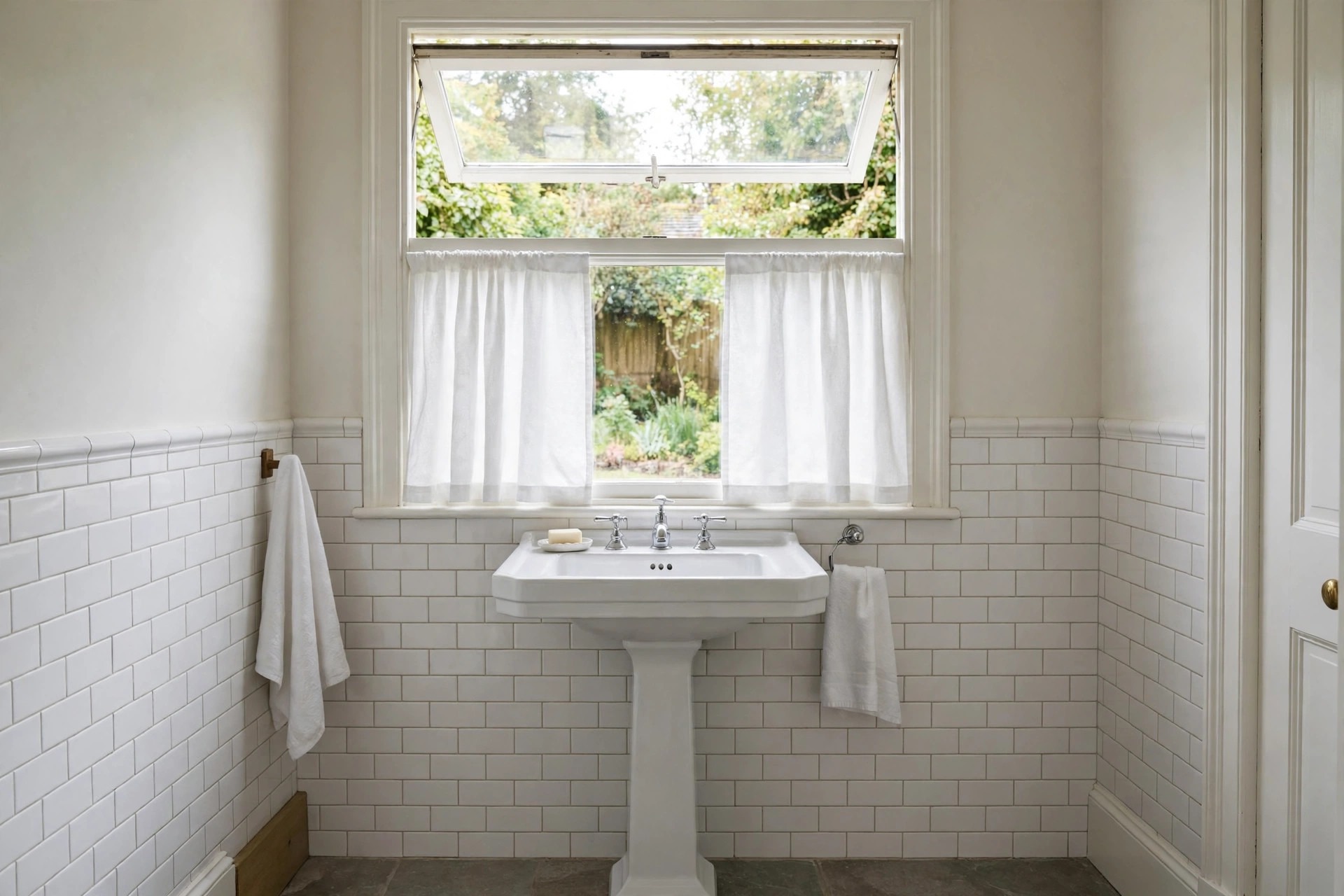 White cafe curtains covering the lower half of a bathroom window above a white pedestal sink