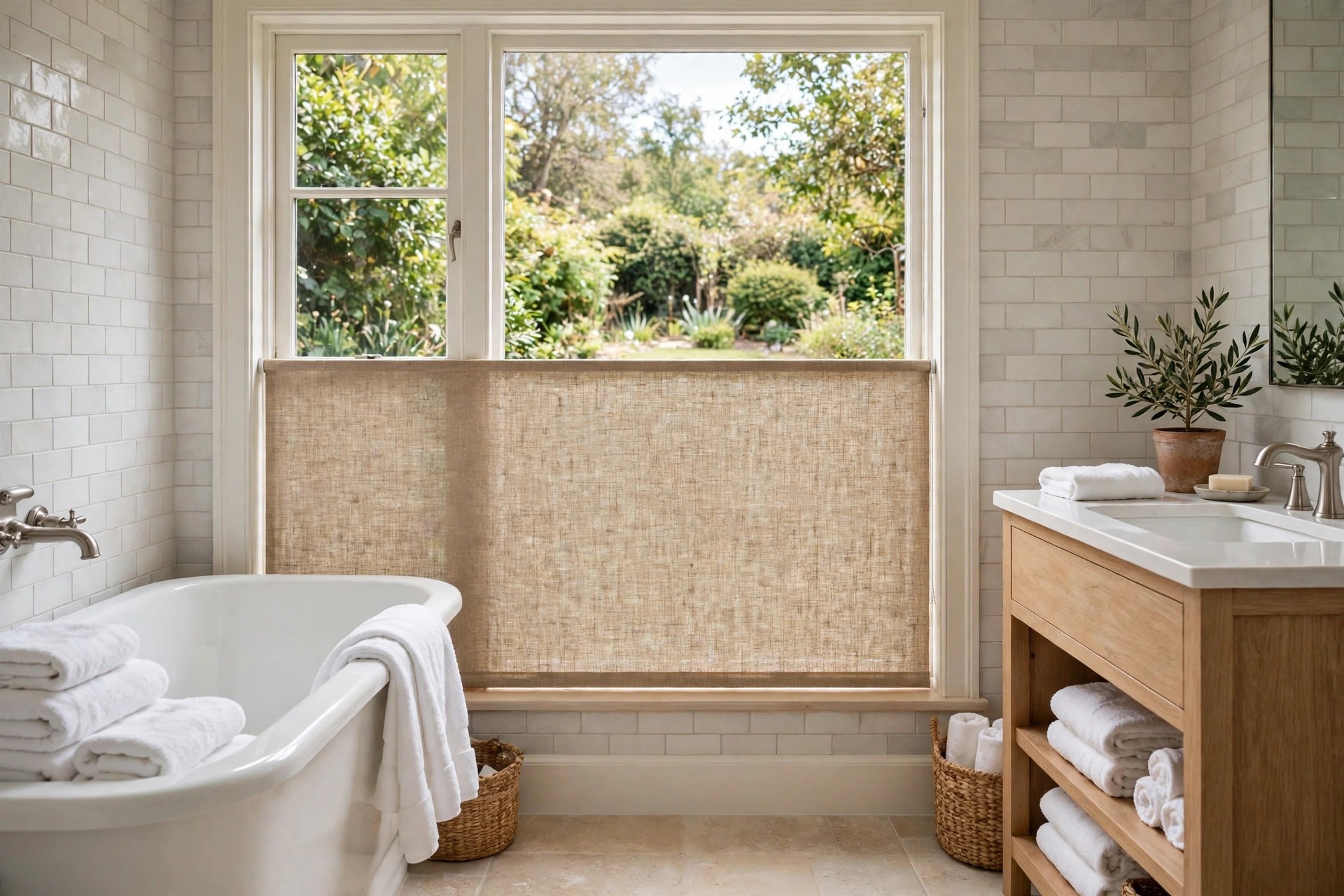 Beige bottom up shade covering the lower half of a large bathroom window beside a white bathtub
