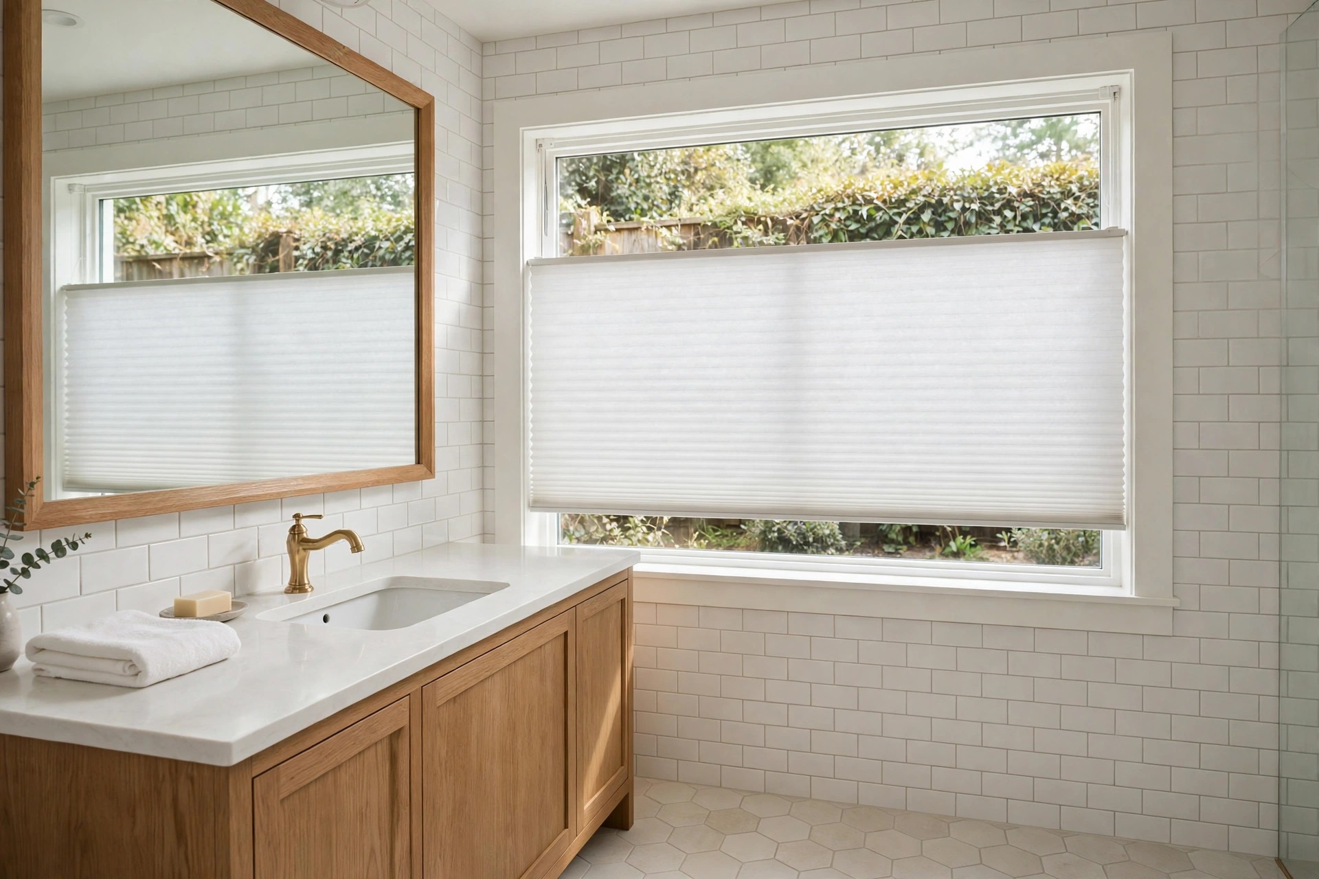 White cellular shade covering the middle of a wide bathroom window with open bands at the top and bottom