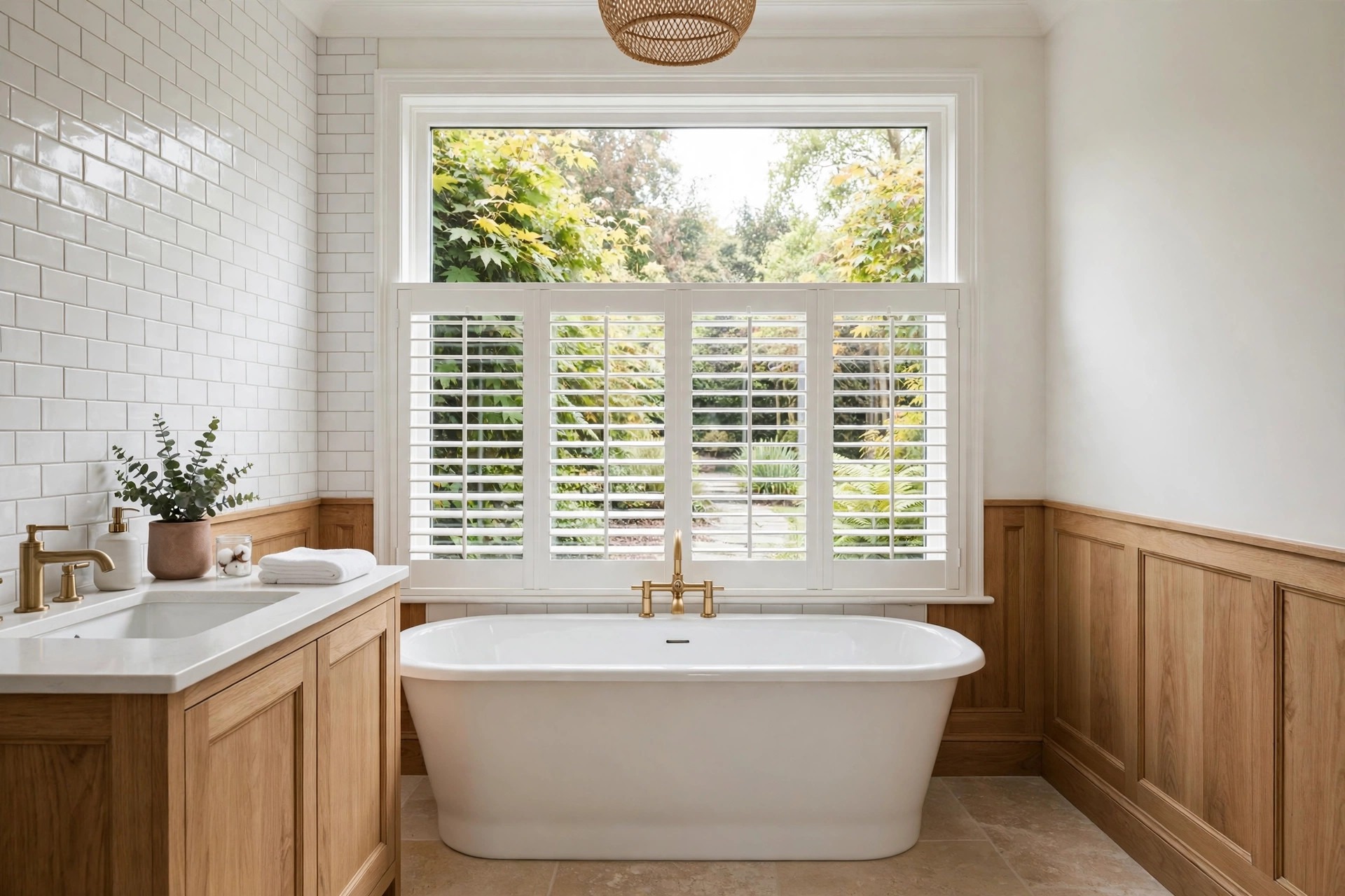 White cafe shutters covering the lower half of a bathroom window above a white freestanding bathtub