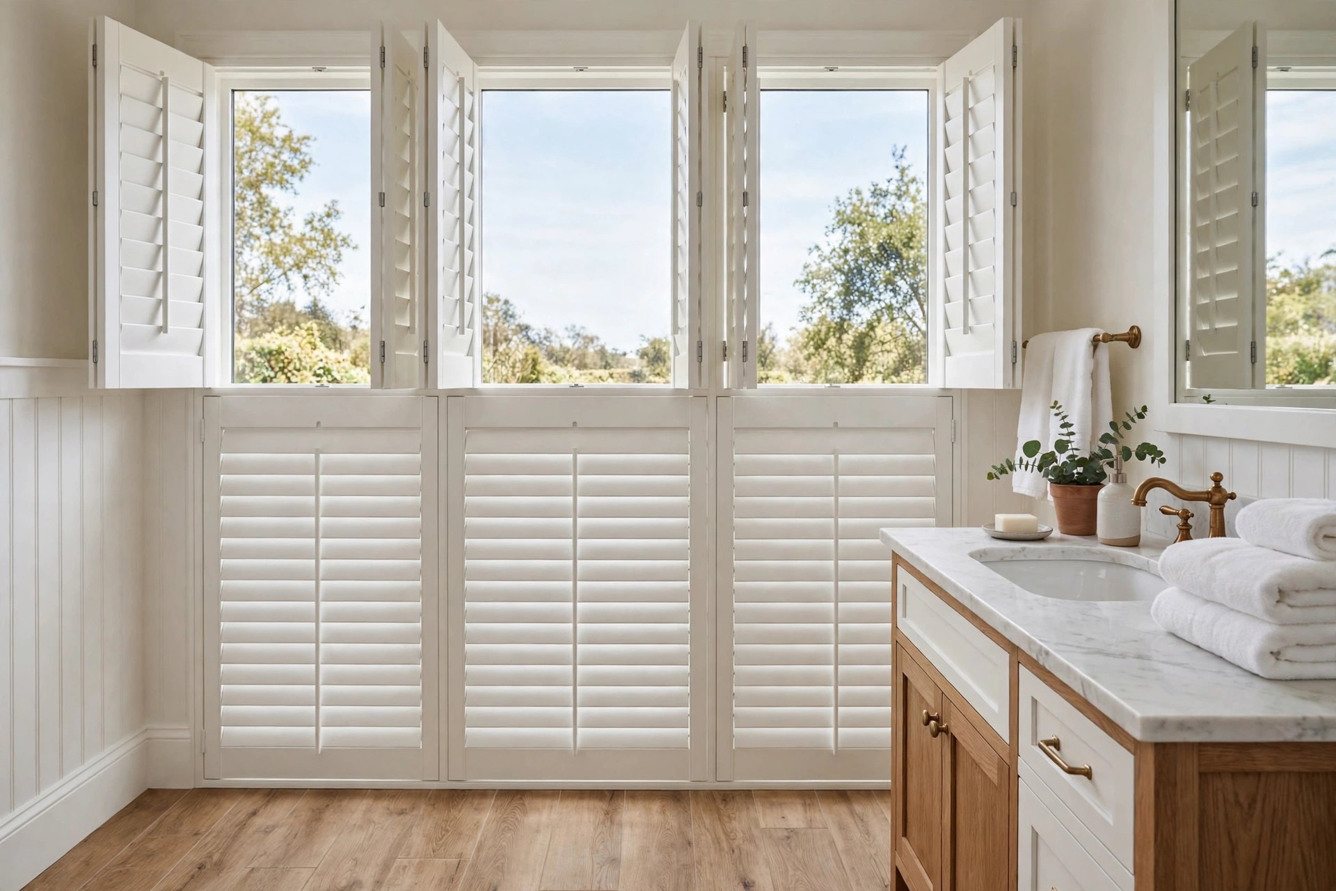 White tier on tier shutters with the lower tier closed and the upper tier open beside a wood vanity