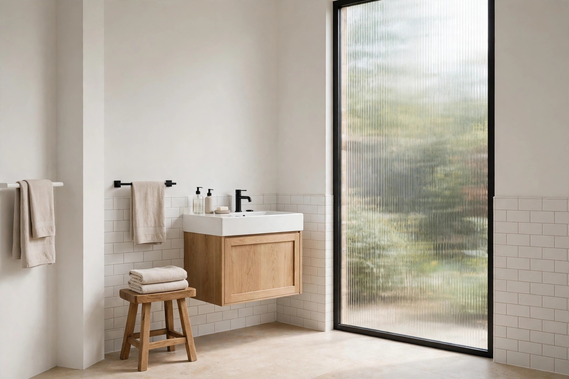 Tall bathroom window with fine vertical reeded film beside a floating wood vanity and a wood stool