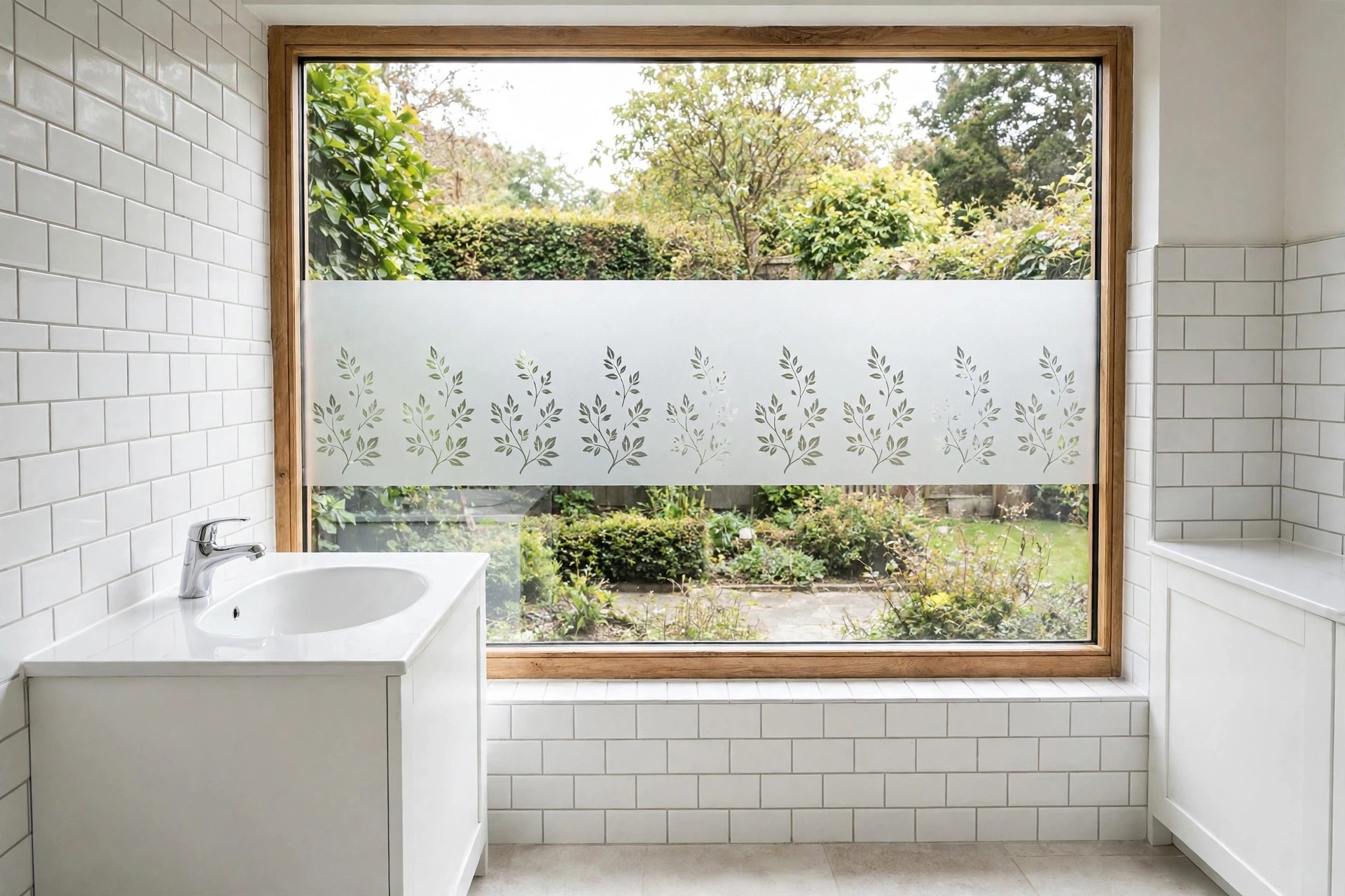 Large bathroom window with a frosted band with leaf patterns across the middle and clear glass above and below