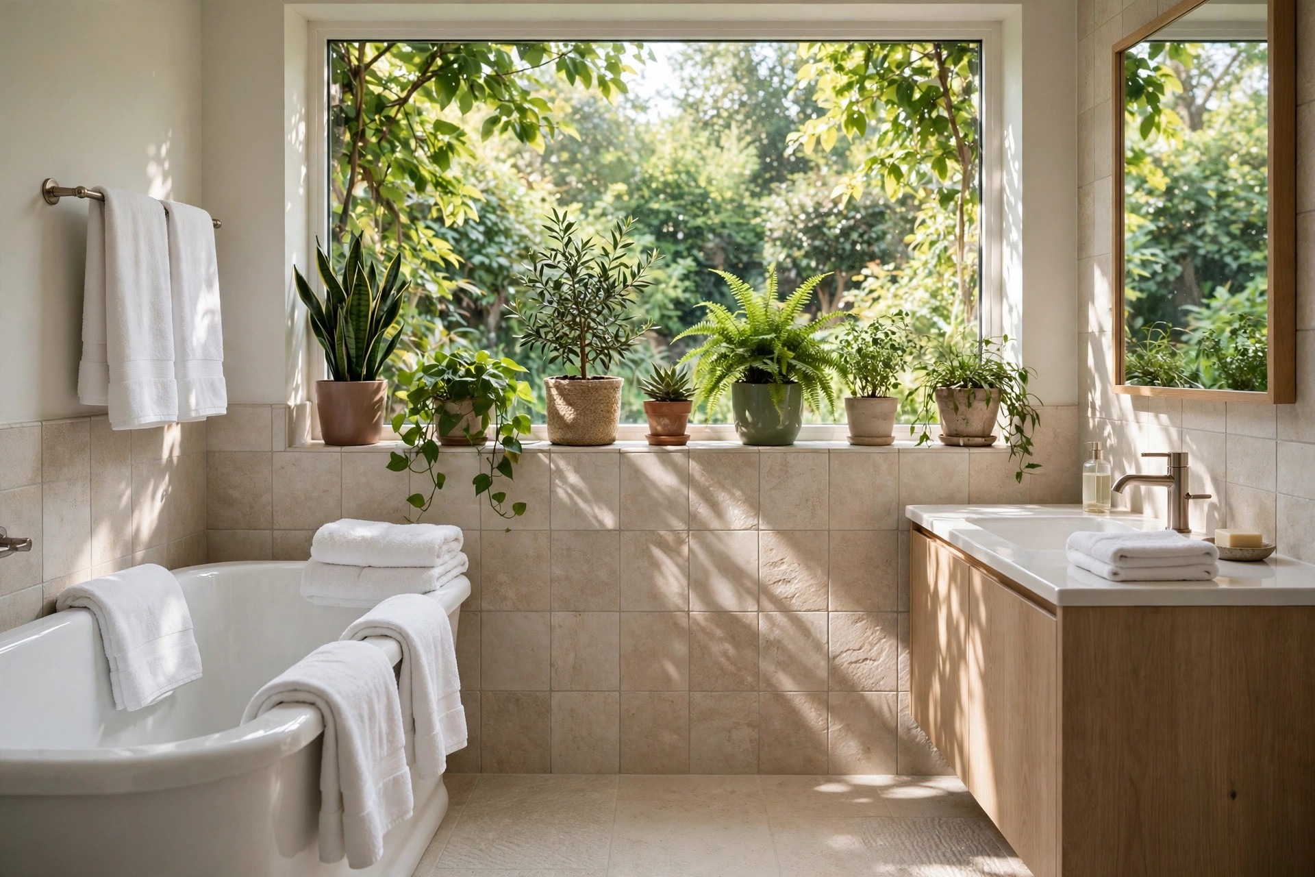 Row of green potted plants in varied heights on a bathroom windowsill above a white bathtub