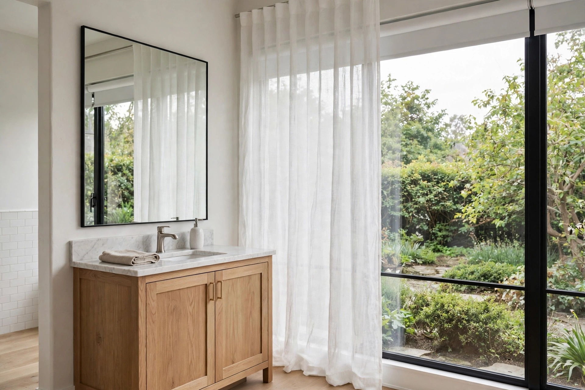 Sheer white curtain panel beside a large bathroom window with a white roller shade at the top