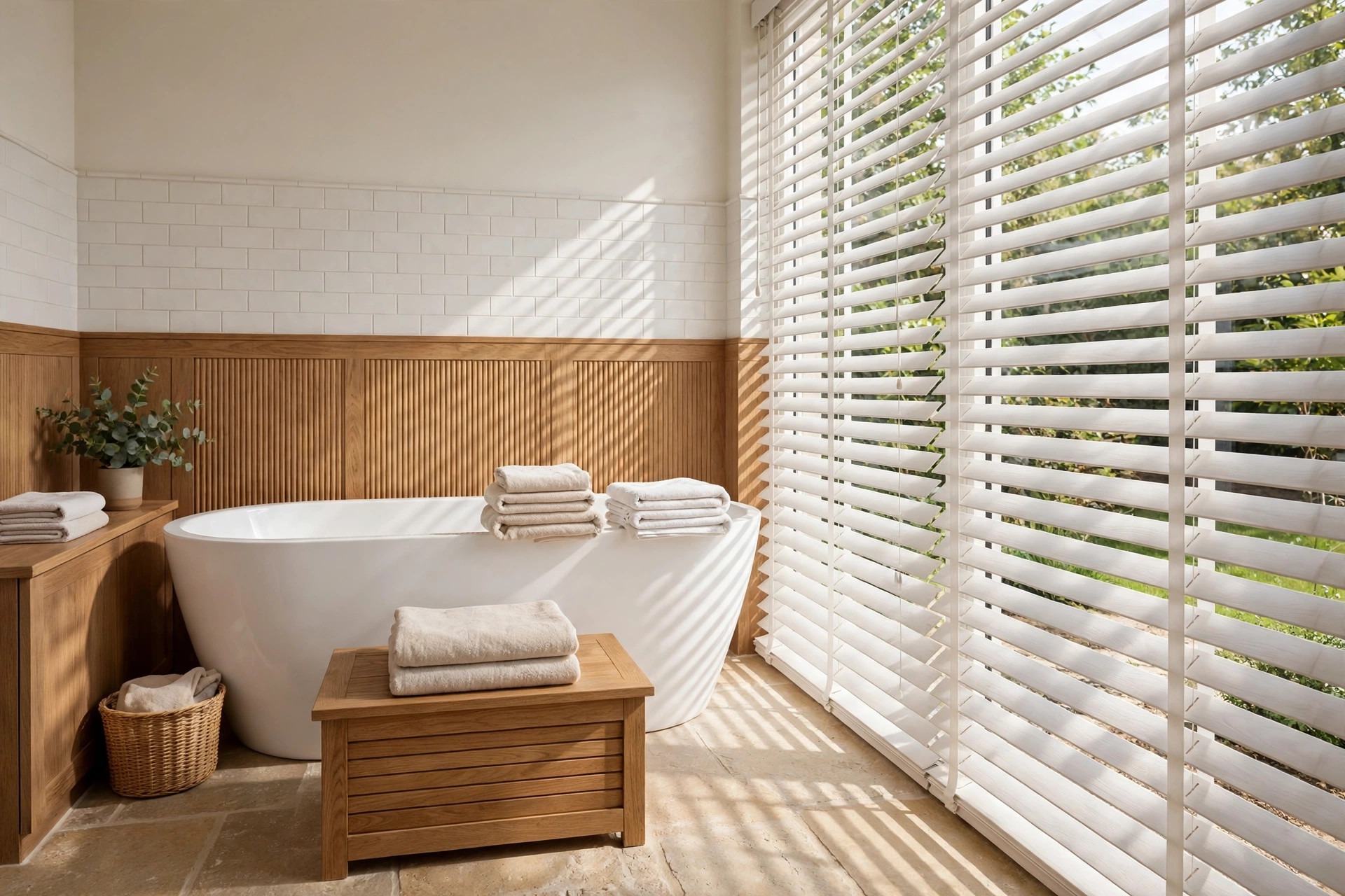 White venetian blinds tilted across a full height bathroom window beside a white bathtub