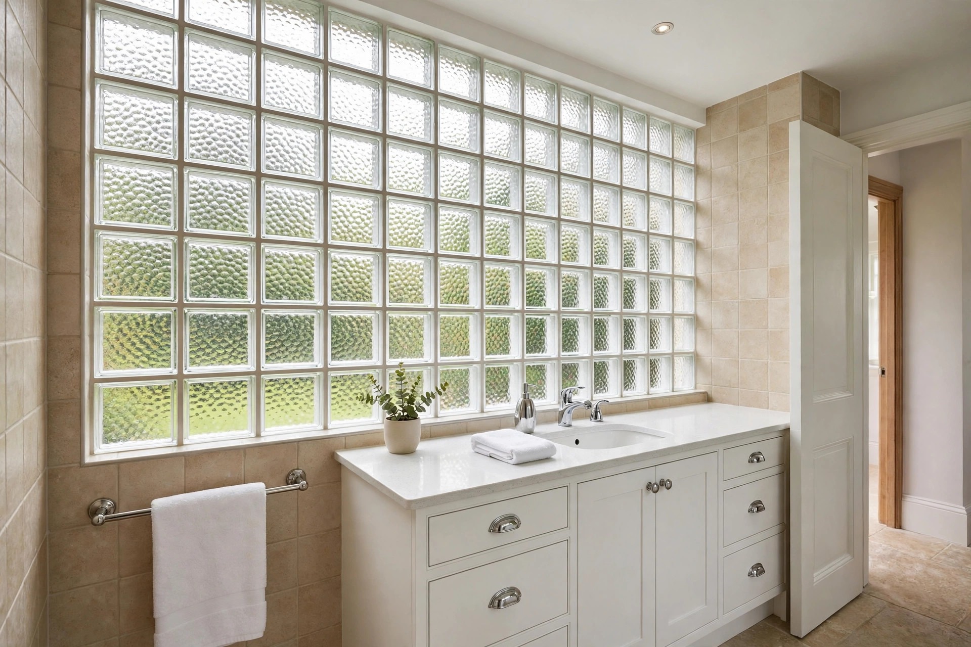 Wall of textured glass blocks above a white bathroom vanity letting in blurred daylight