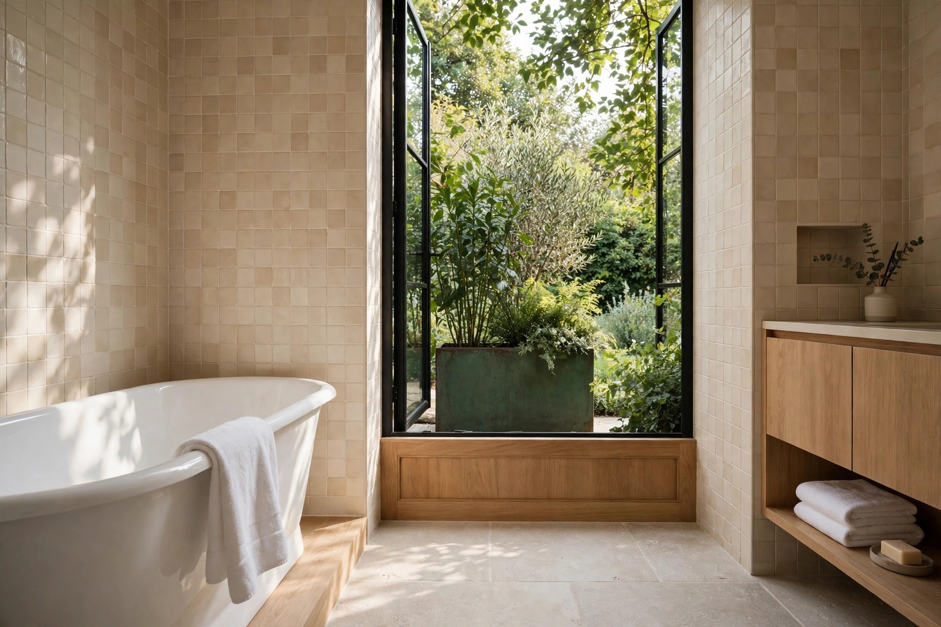 Bathroom with a clear tall window and a large green planter with leafy shrubs outside screening the view