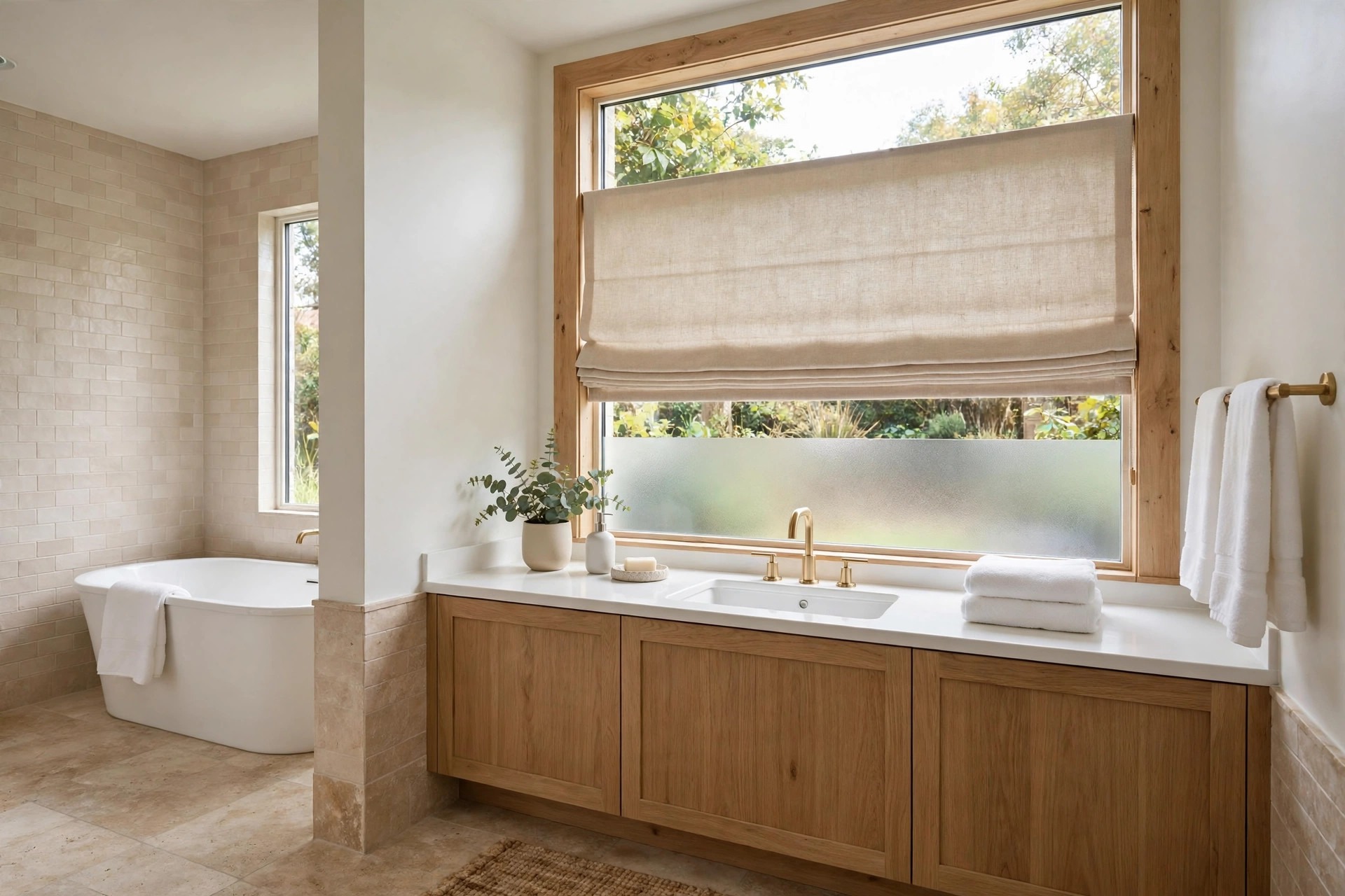 Beige roman shade dropped to the middle of a large bathroom window above a wood vanity