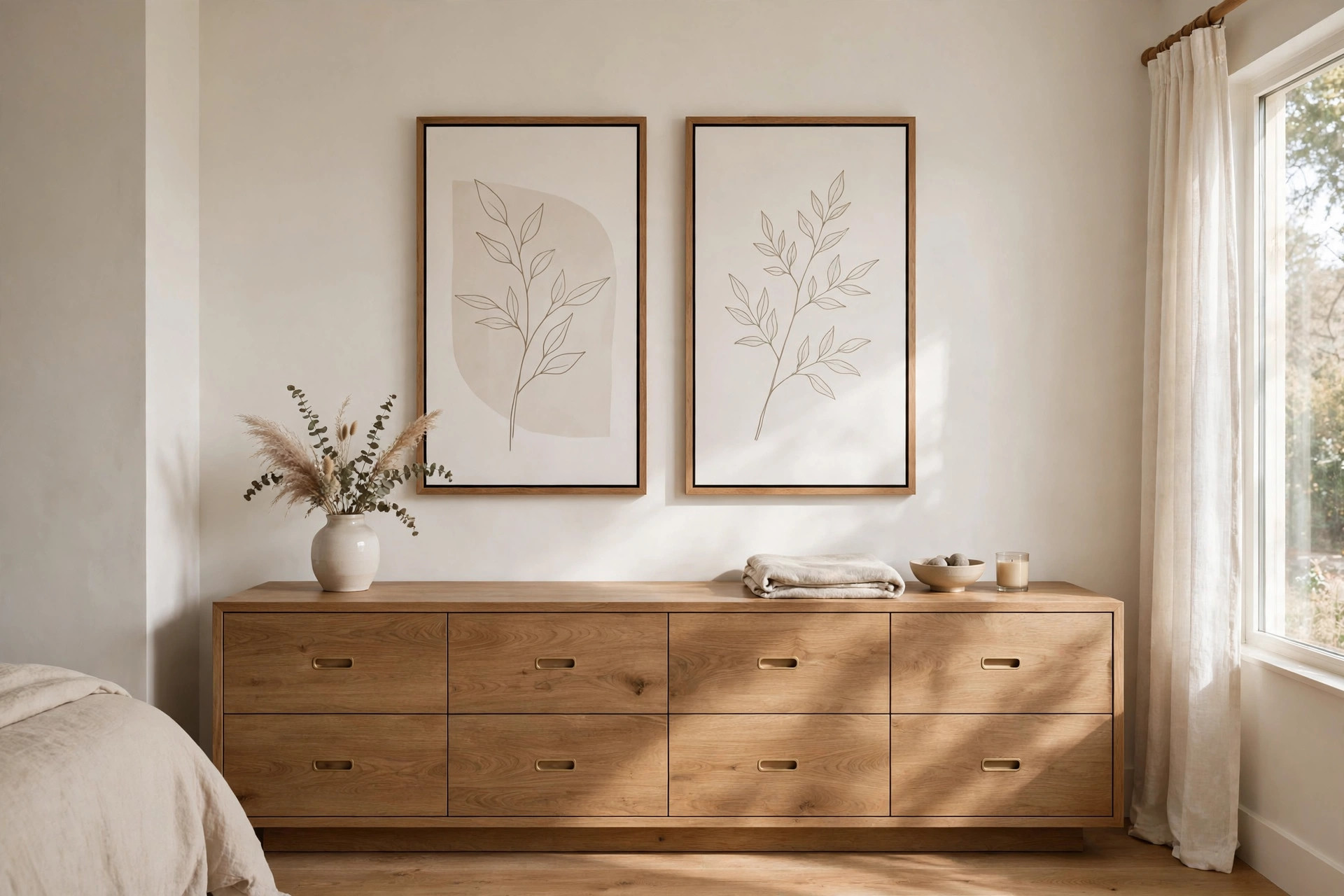 Two tall matching botanical line prints in wood frames above a long low wooden dresser