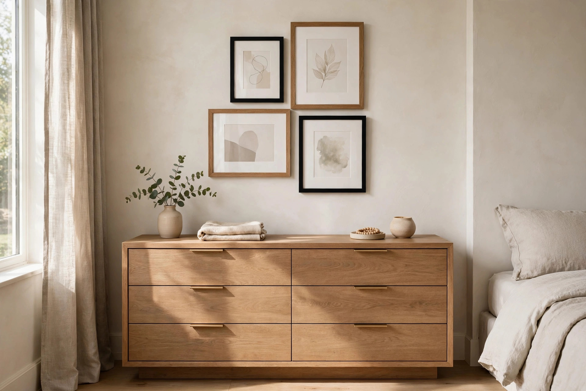 Four framed prints in black and wood frames grouped above a wide light wood dresser