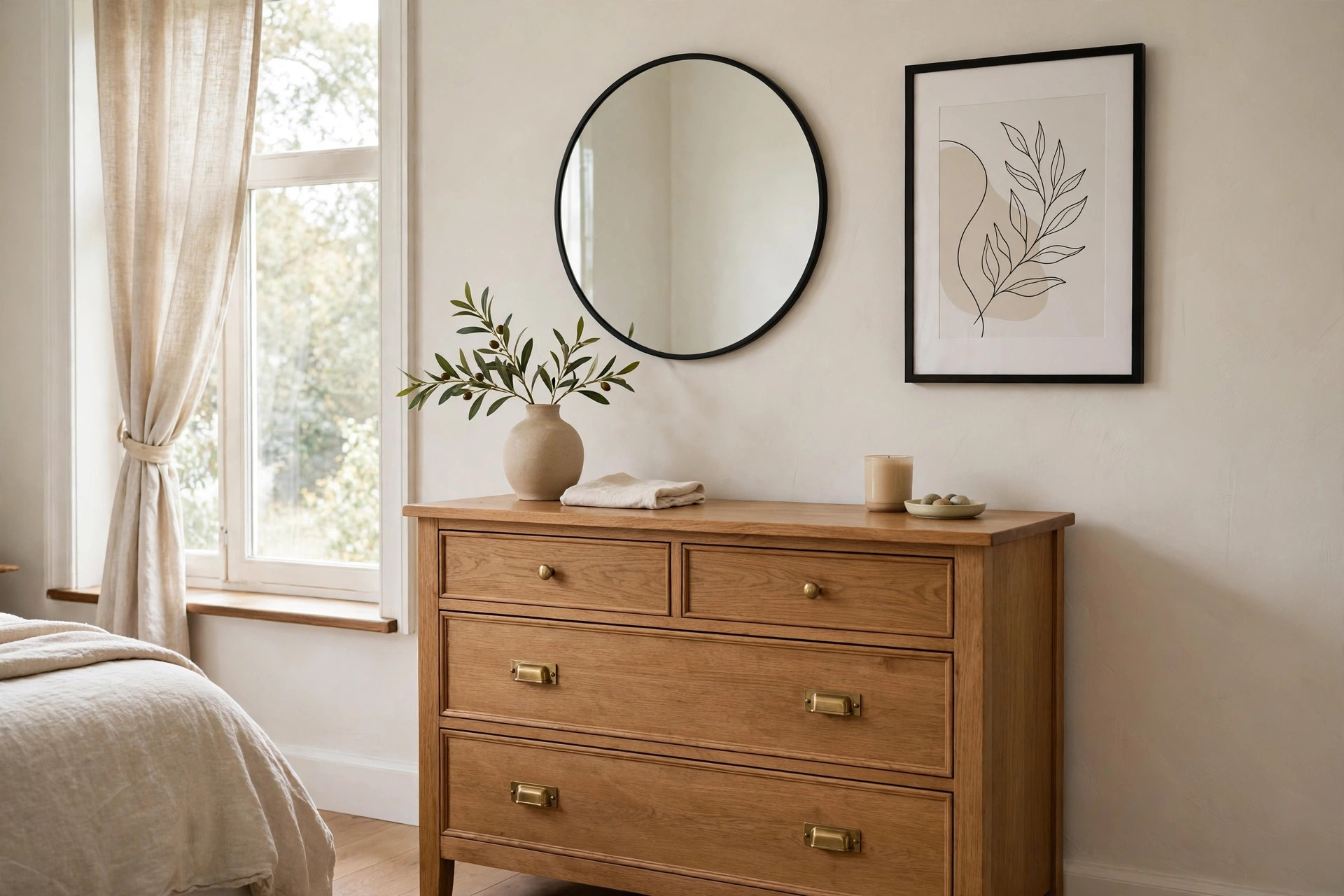 Round black framed mirror beside a framed leaf print above a wooden dresser near a window