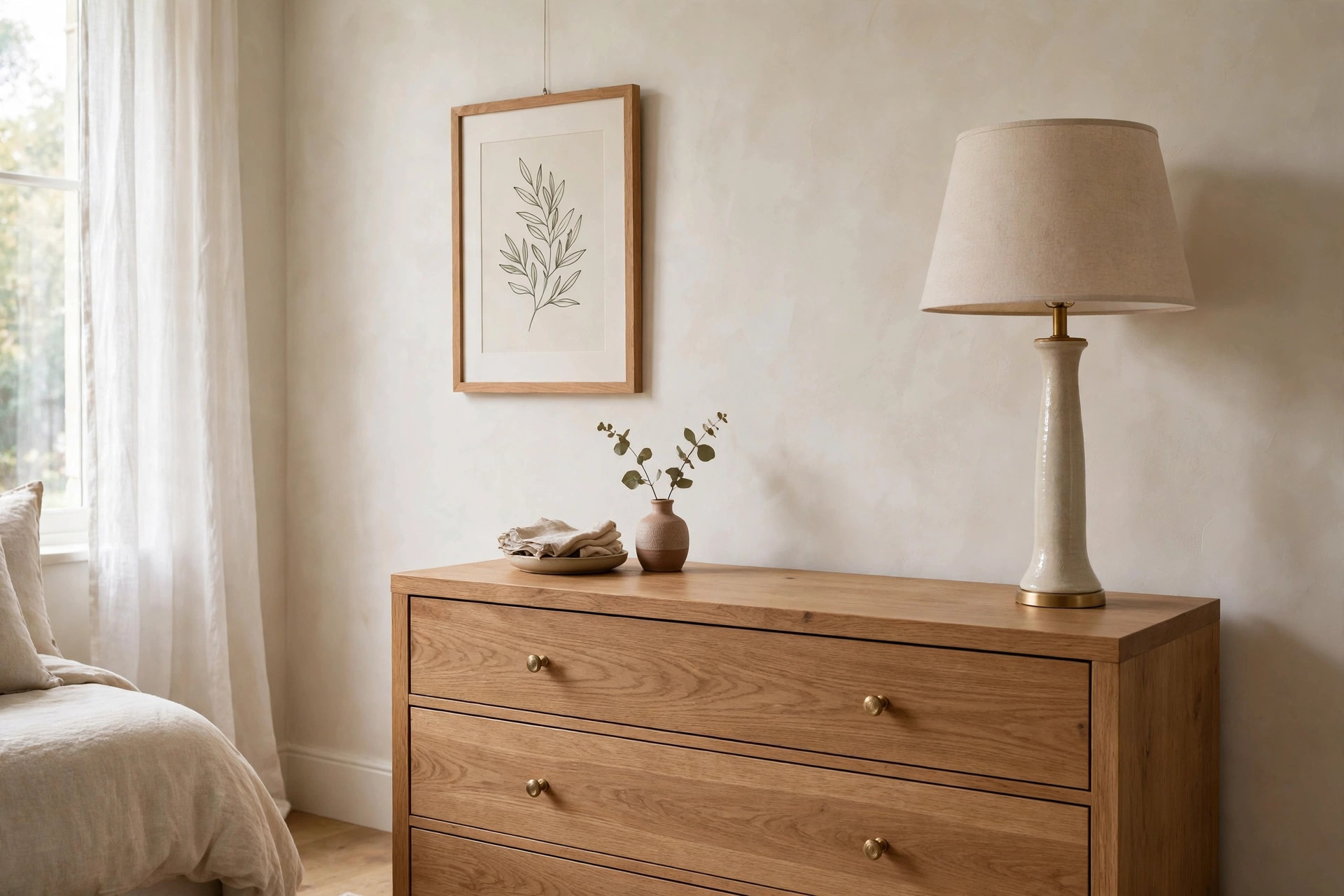 Framed leaf print on one side above a dresser with a tall table lamp at the other end