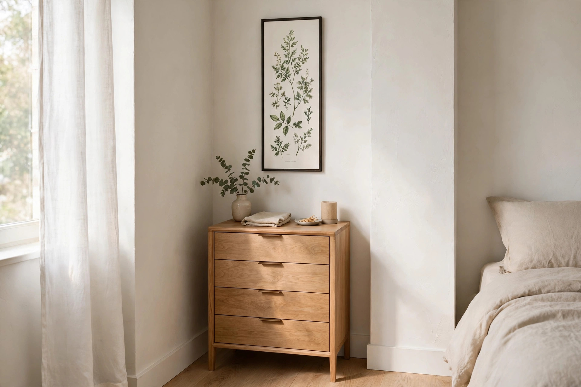 One tall slim botanical print in a dark frame above a narrow four drawer dresser in a corner