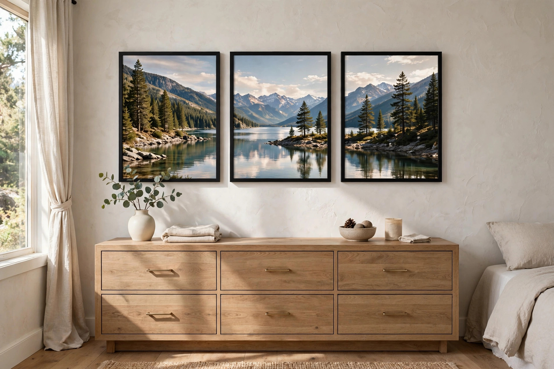 Three black framed mountain lake panels spread across the wall above a wide wooden dresser