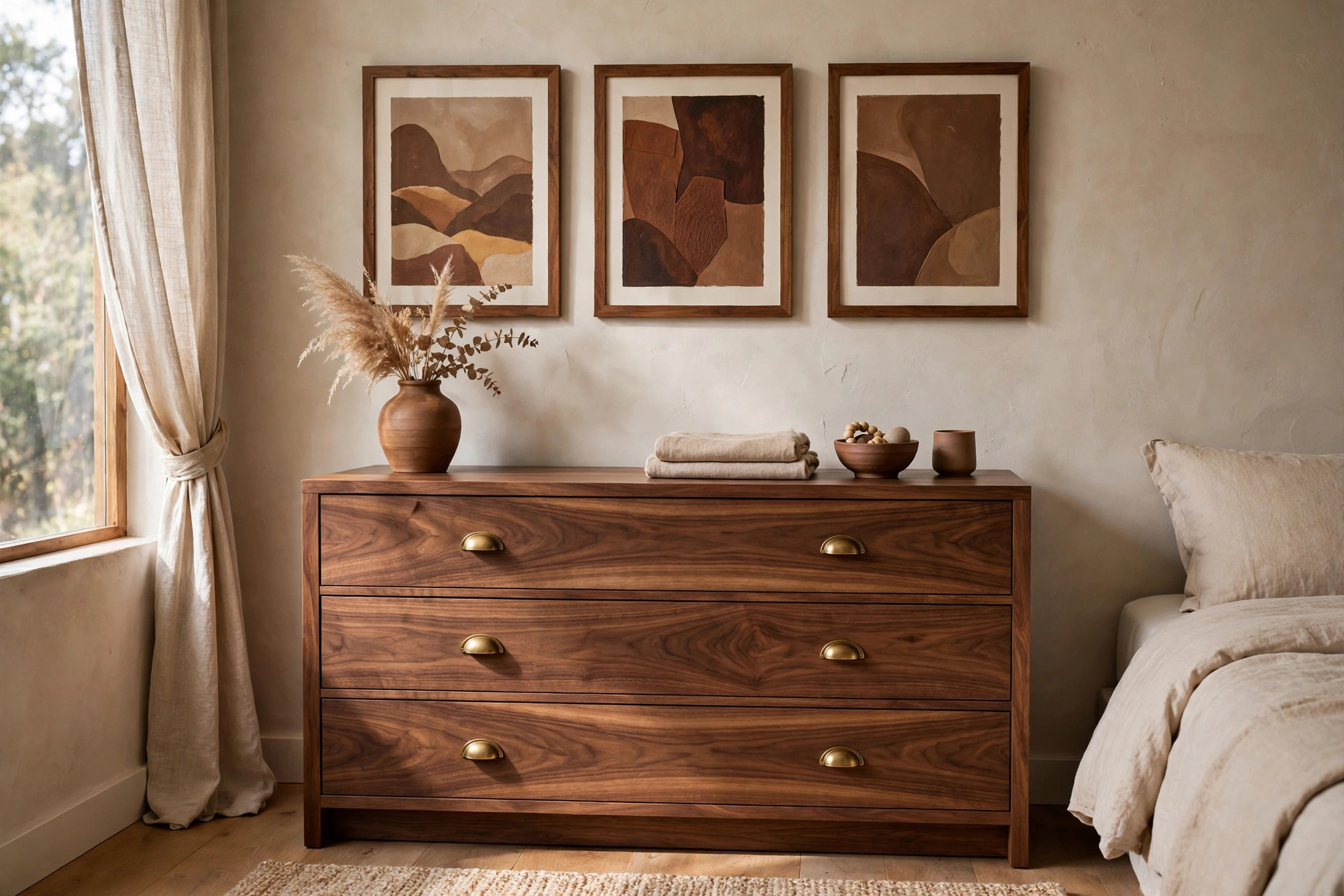 Three brown abstract prints in walnut frames above a dark walnut dresser with brass handles