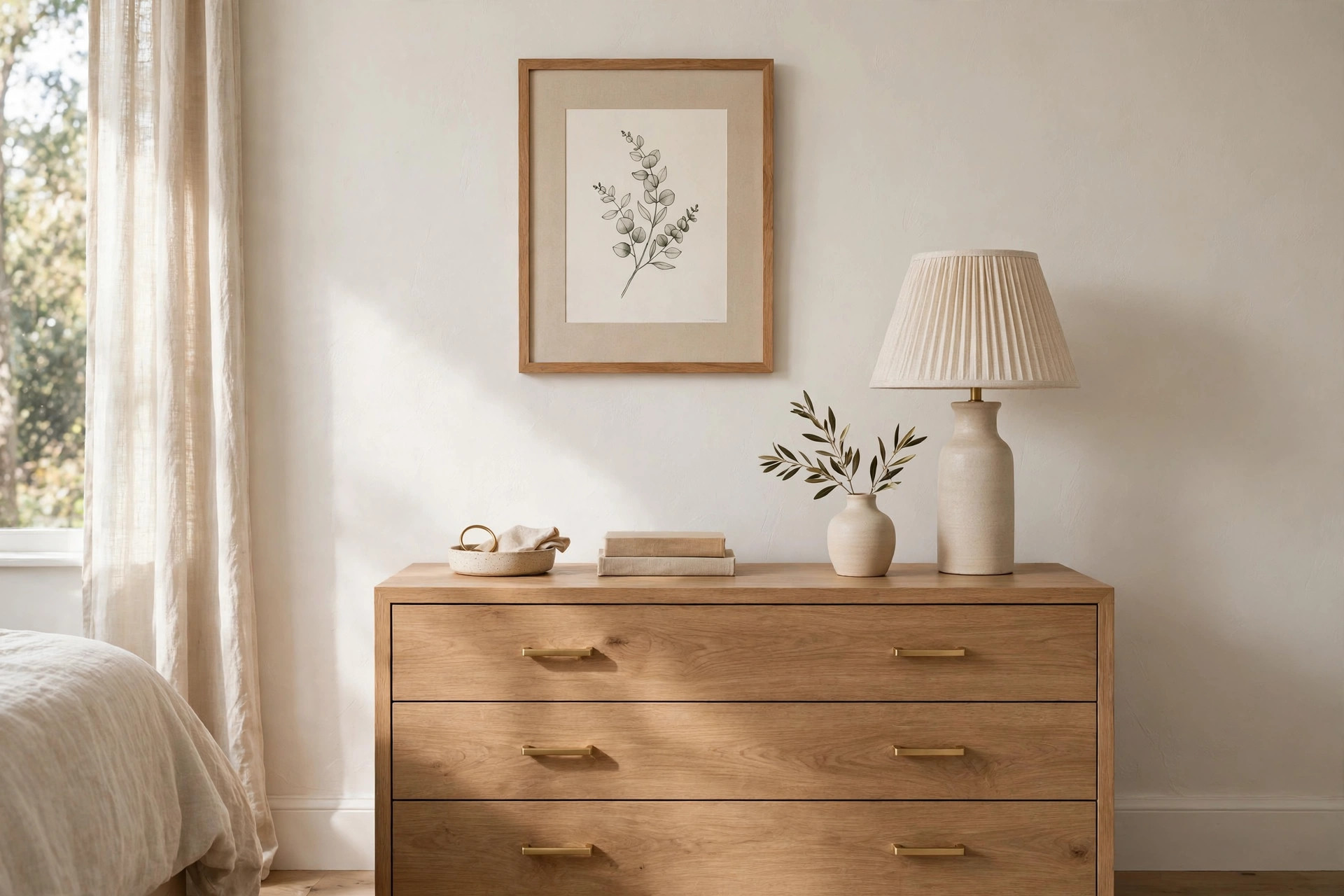 One centered framed leaf print above a dresser with clear wall space above a table lamp below
