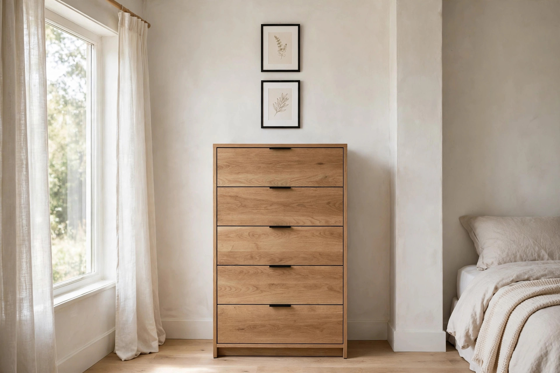 Two small black framed leaf prints stacked vertically above a tall light wood chest of drawers